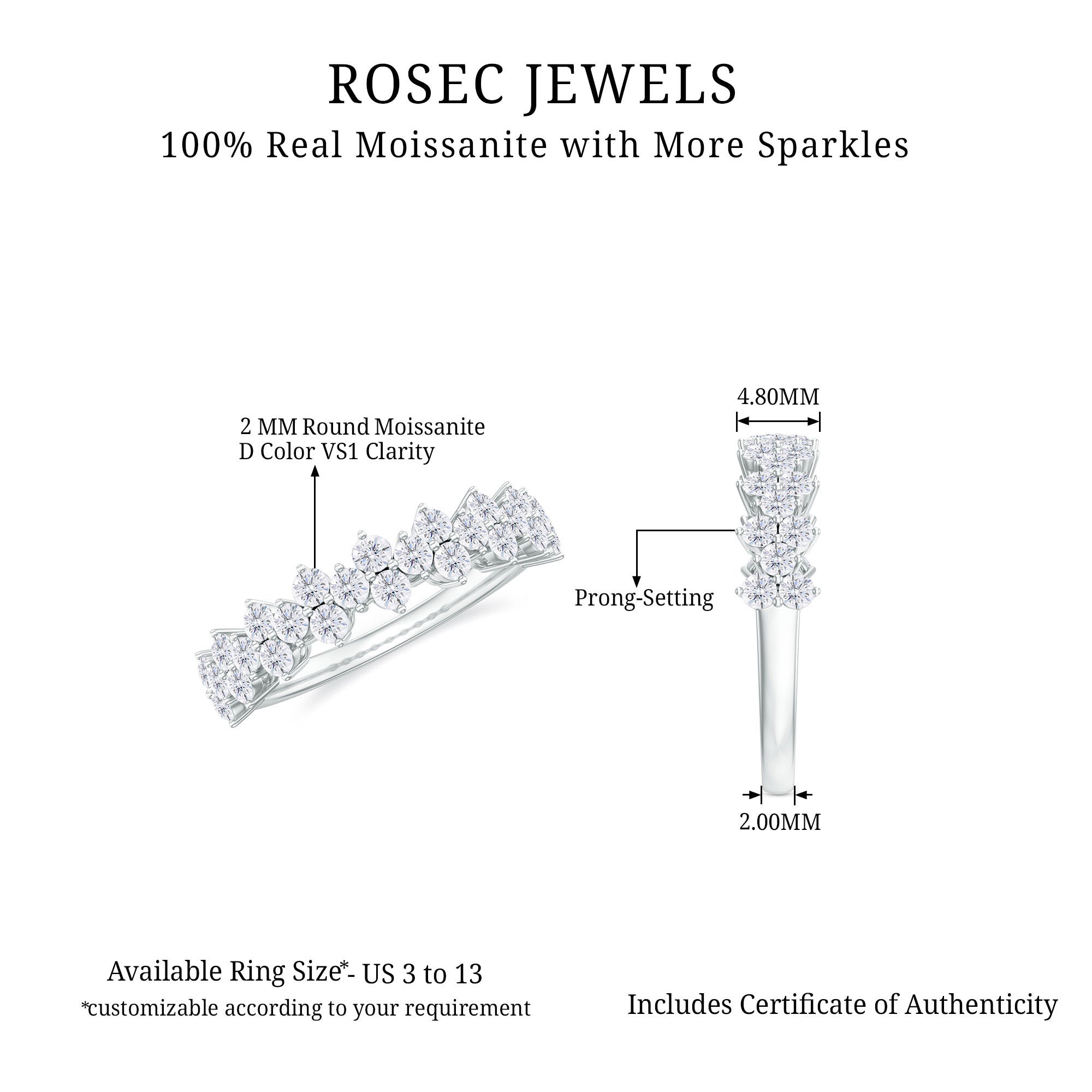 Round Moissanite Cluster Half Eternity Band Ring Moissanite - ( D-VS1 ) - Color and Clarity - Rosec Jewels