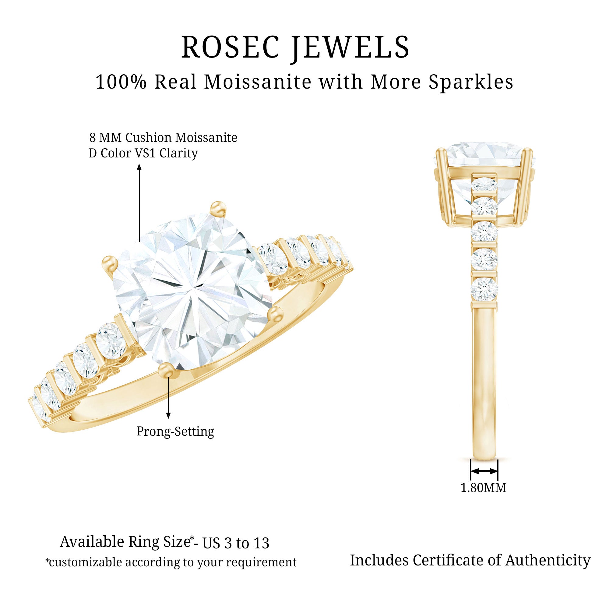Solitaire Moissanite Cushion Cut Engagement Ring with Side Stones D-VS1 - Rosec Jewels