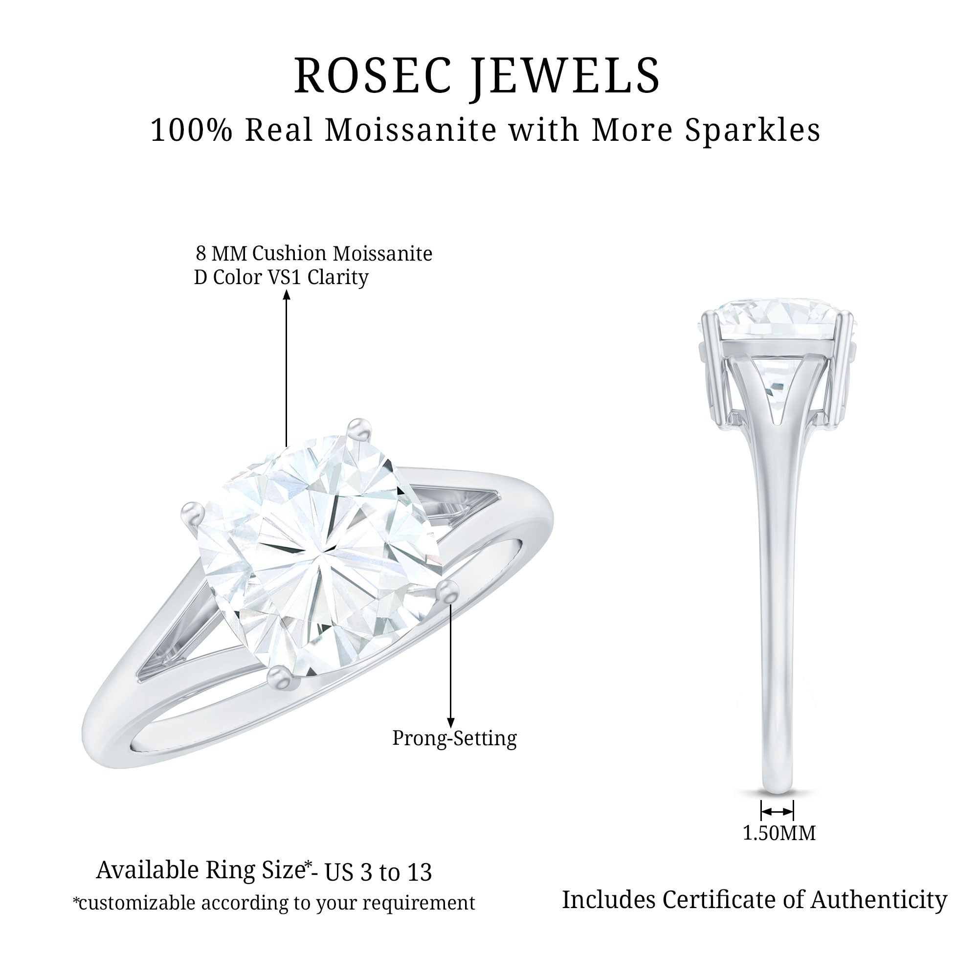 Rosec Jewels-Cushion Cut Moissanite Engagement Ring With Split Shank