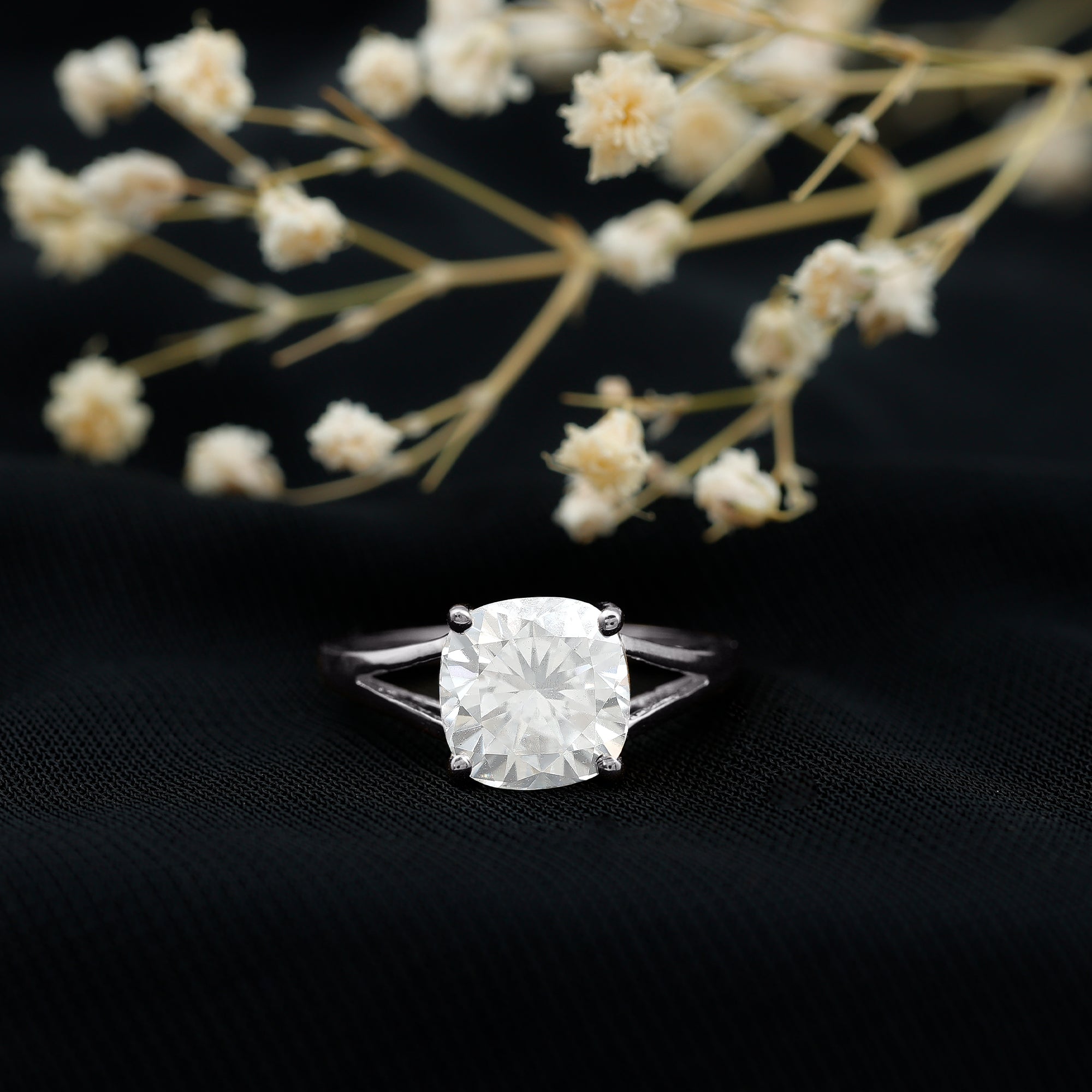 Rosec Jewels-Cushion Cut Moissanite Engagement Ring With Split Shank