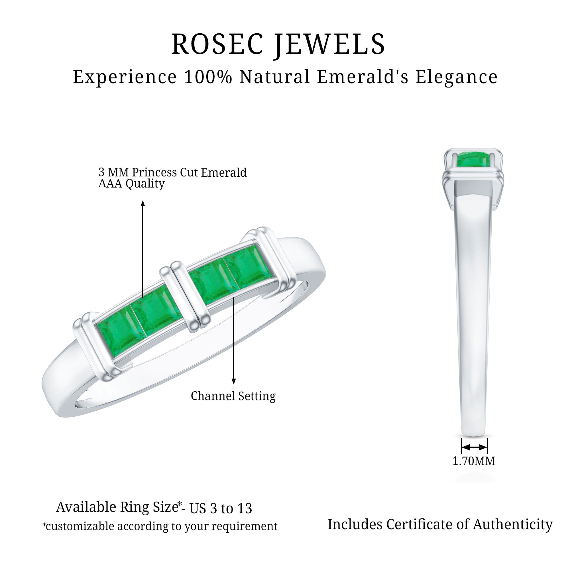 Rosec Jewels-Princess Cut Real Emerald Band Ring in Channel Setting
