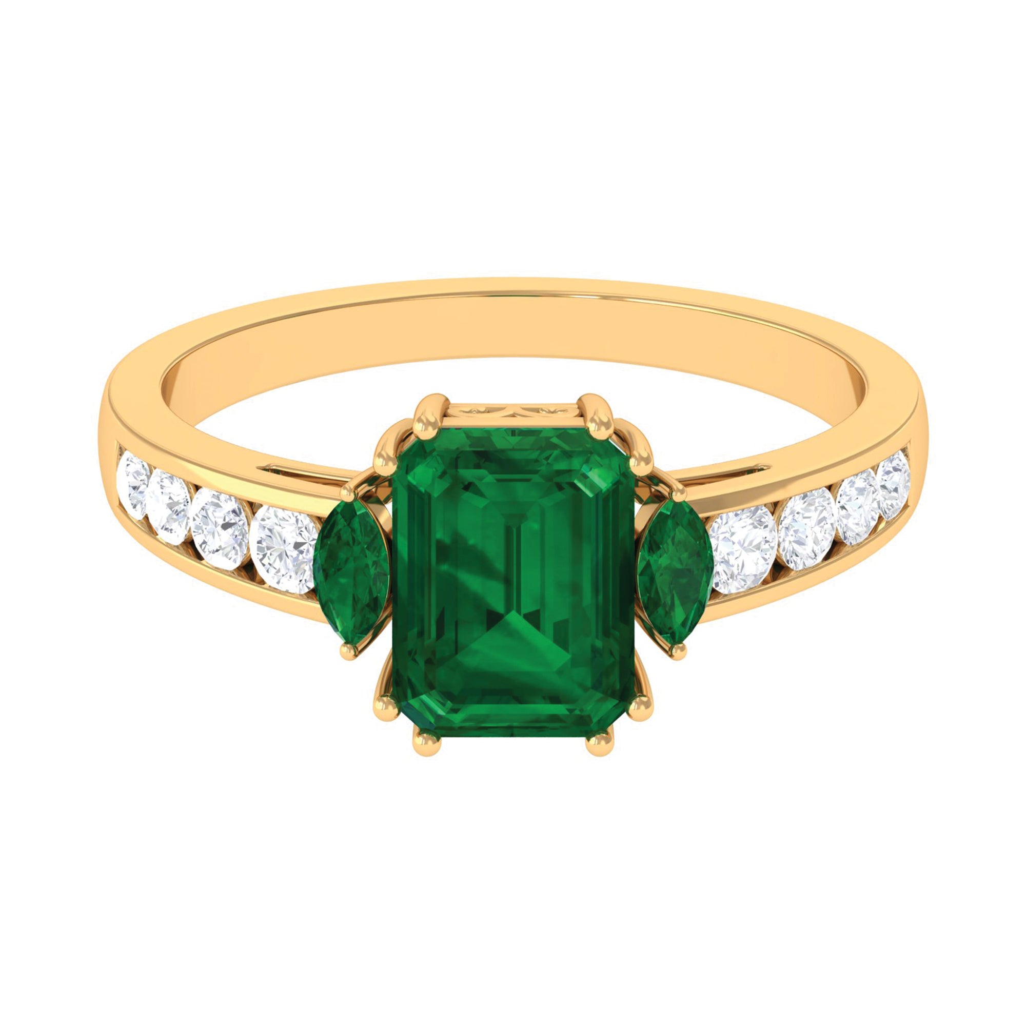 Created Emerald Cocktail Engagement Ring with Diamond Side Stones Lab Created Emerald - ( AAAA ) - Quality - Rosec Jewels