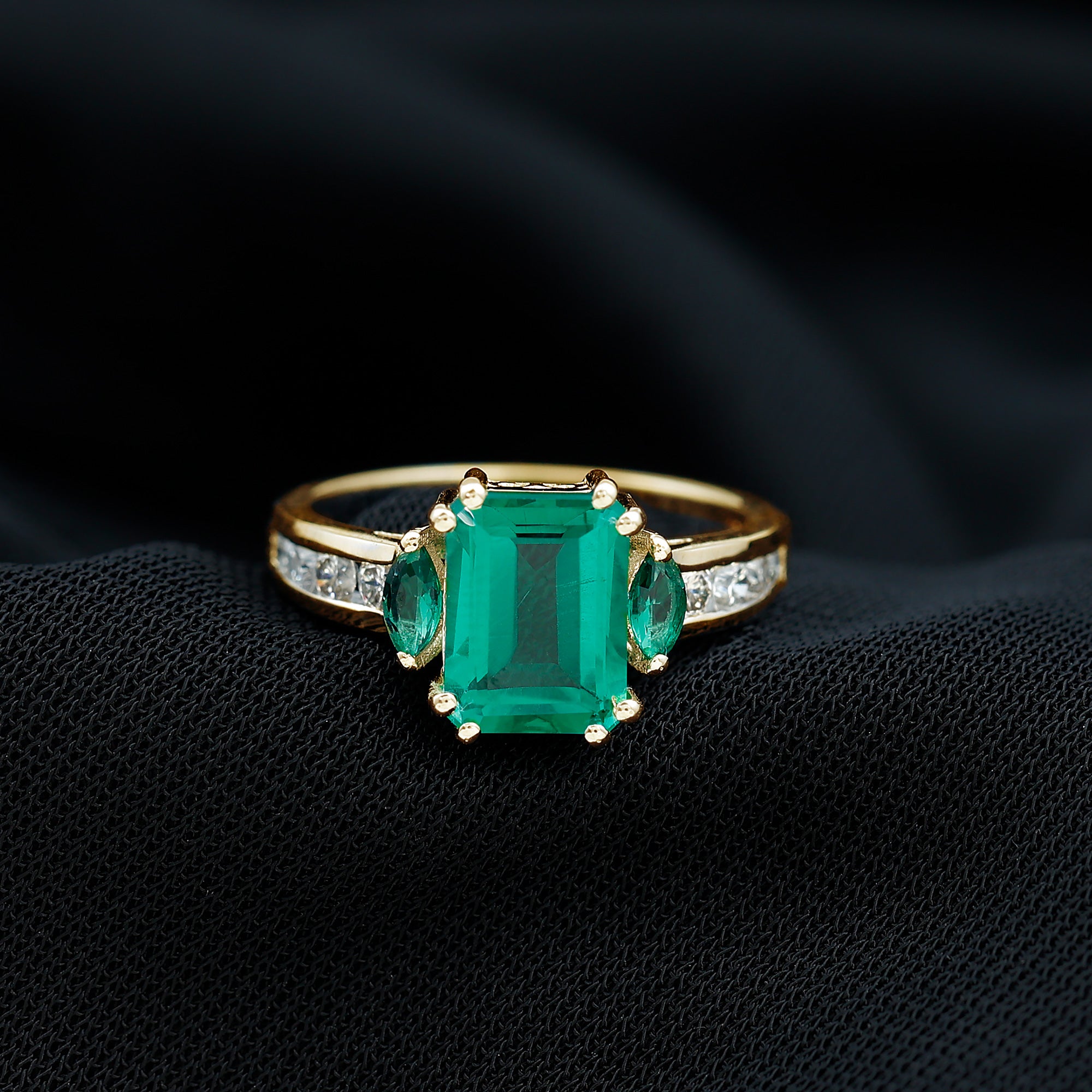 Rosec Jewels-Lab Created Emerald Cut Emerald Engagement Ring with Diamonds