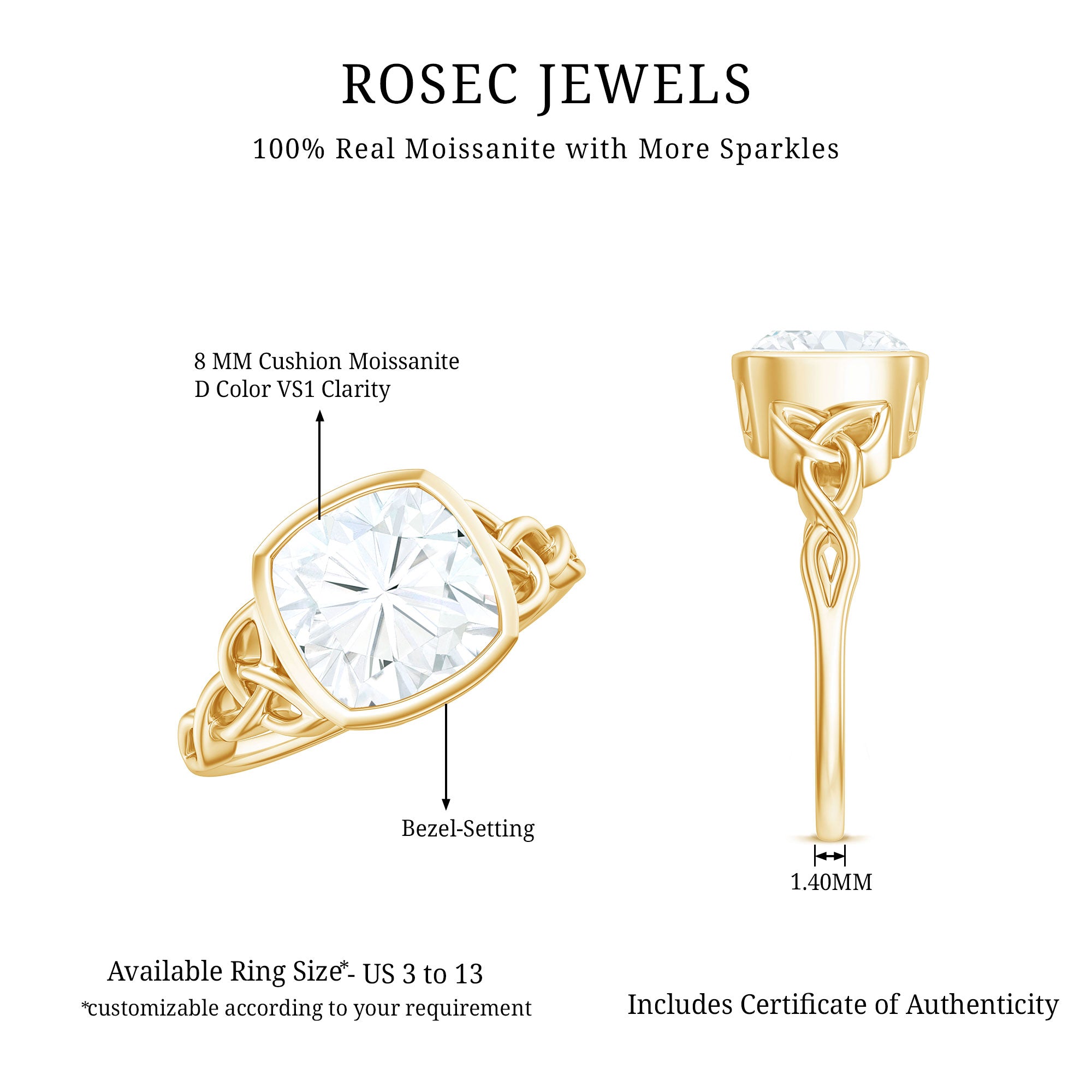 Cushion Cut Moissanite Solitaire Celtic Knot Ring in Bezel Setting D-VS1 - Rosec Jewels
