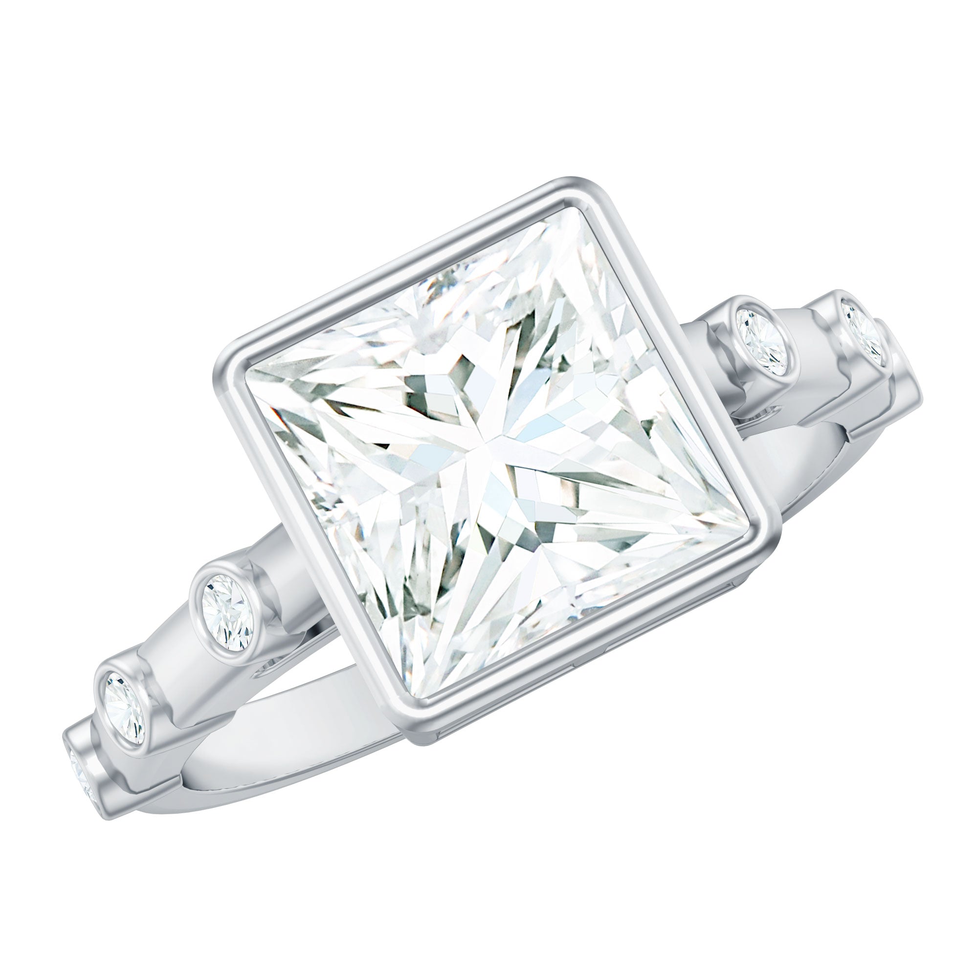 Bezel Set Moissanite Princess Cut Engagement Ring with Spaced Accent