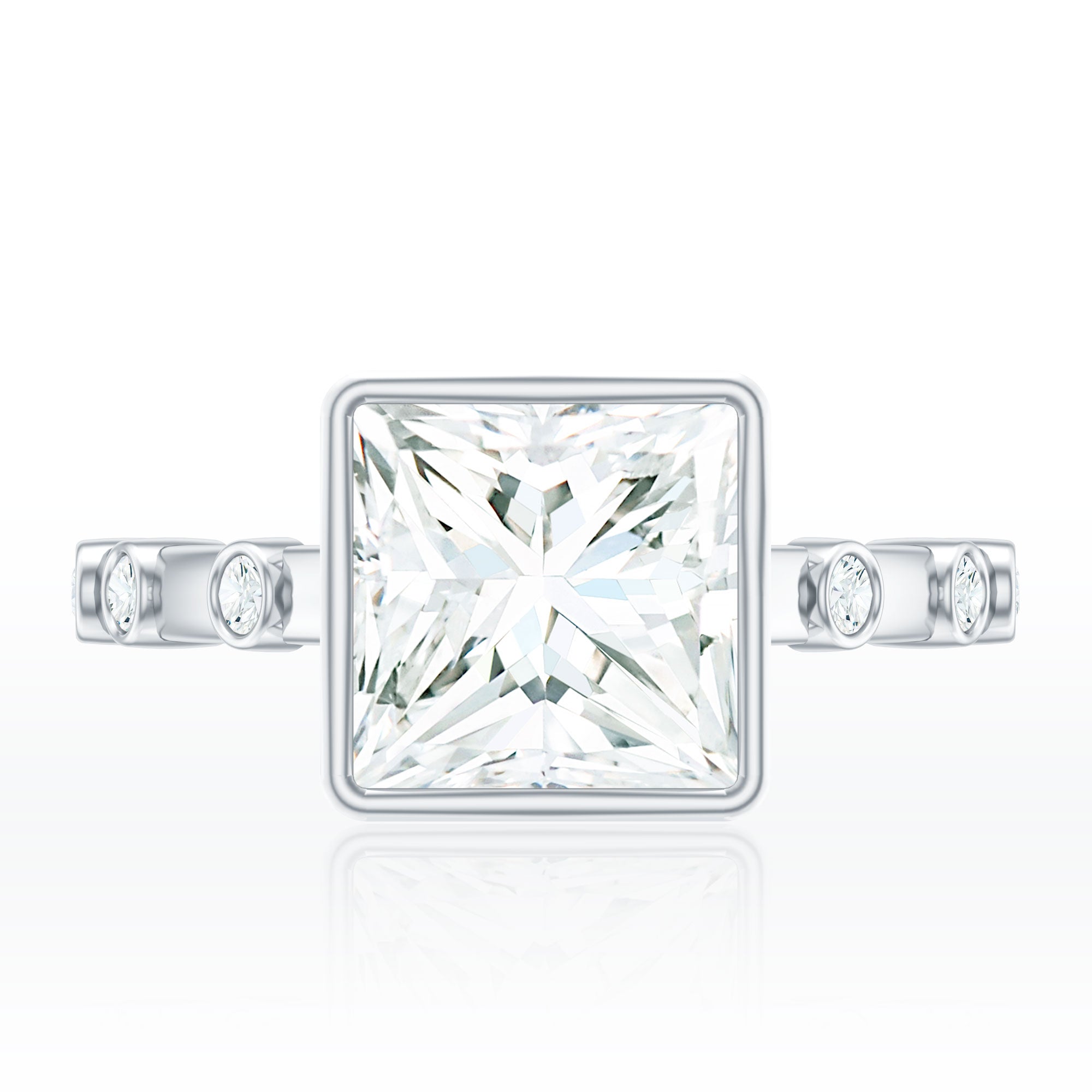 Bezel Set Moissanite Princess Cut Engagement Ring with Spaced Accent D-VS1 - Rosec Jewels