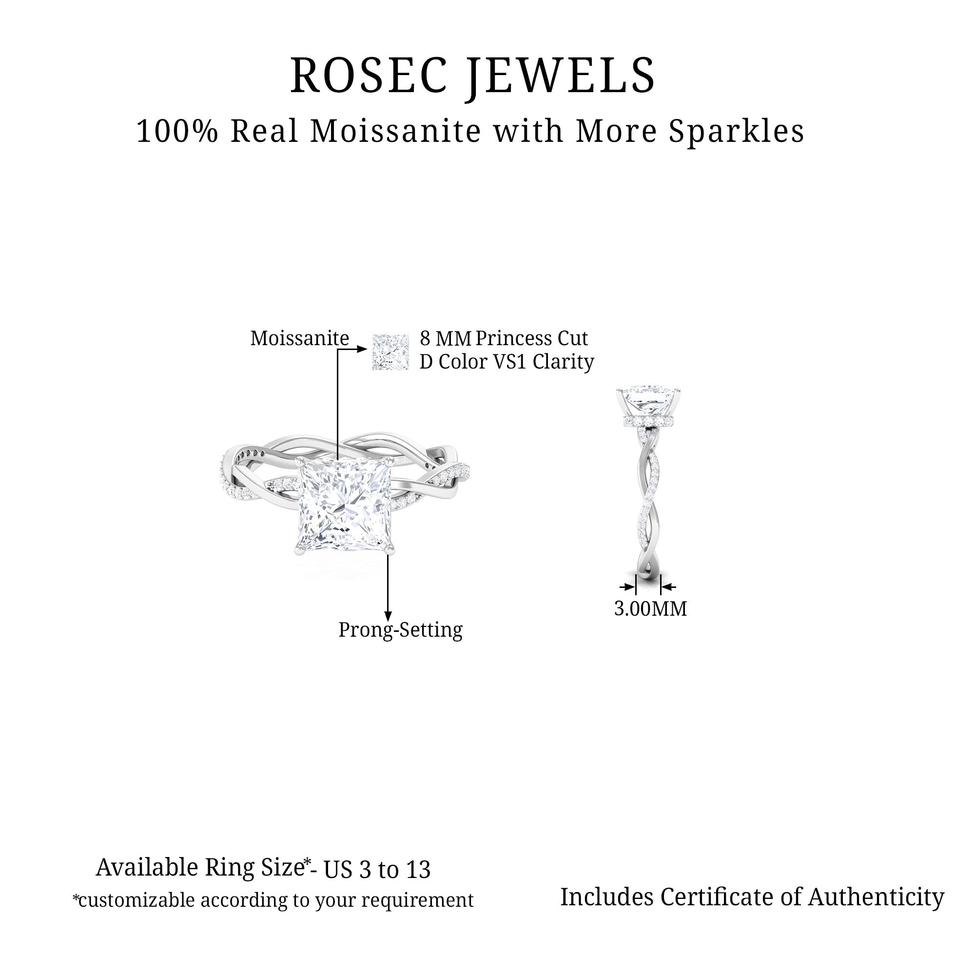 Princess Cut Moissanite Solitaire Ring with Braided Shank Moissanite - ( D-VS1 ) - Color and Clarity 92.5 Sterling Silver 4.0 - Rosec Jewels