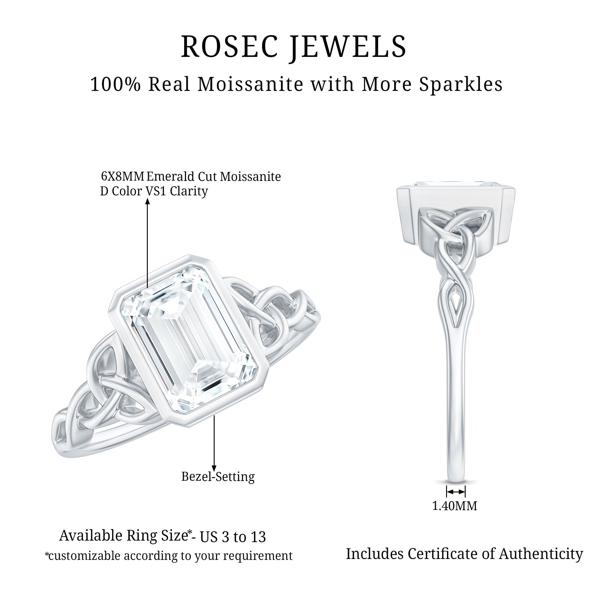 Rosec Jewels-Bezel Set Emerald Cut Moissanite Celtic Engagement Ring