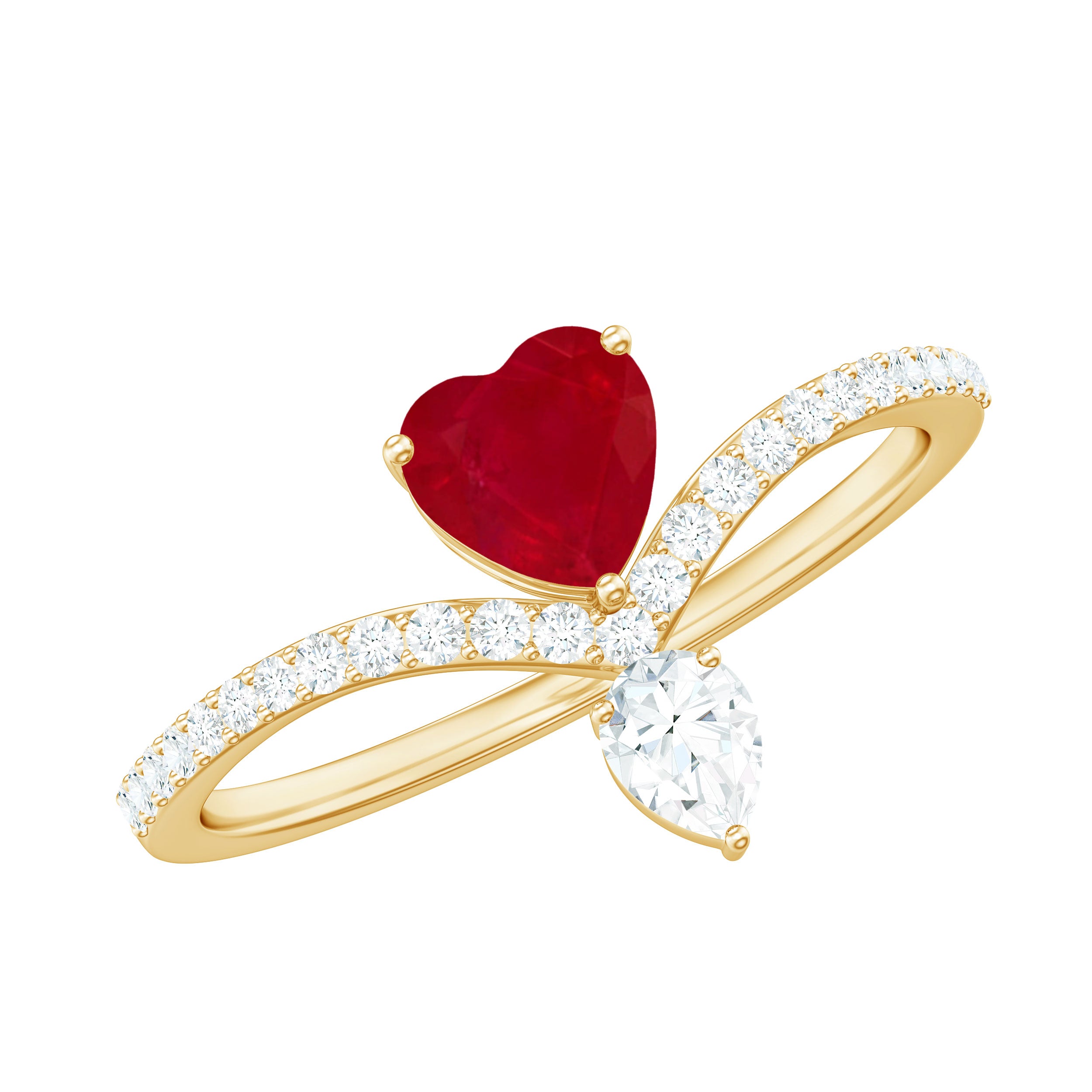 Rosec Jewels-Natural 0.6 Carat Ruby Heart Promise Ring with Diamond Chevron Shank