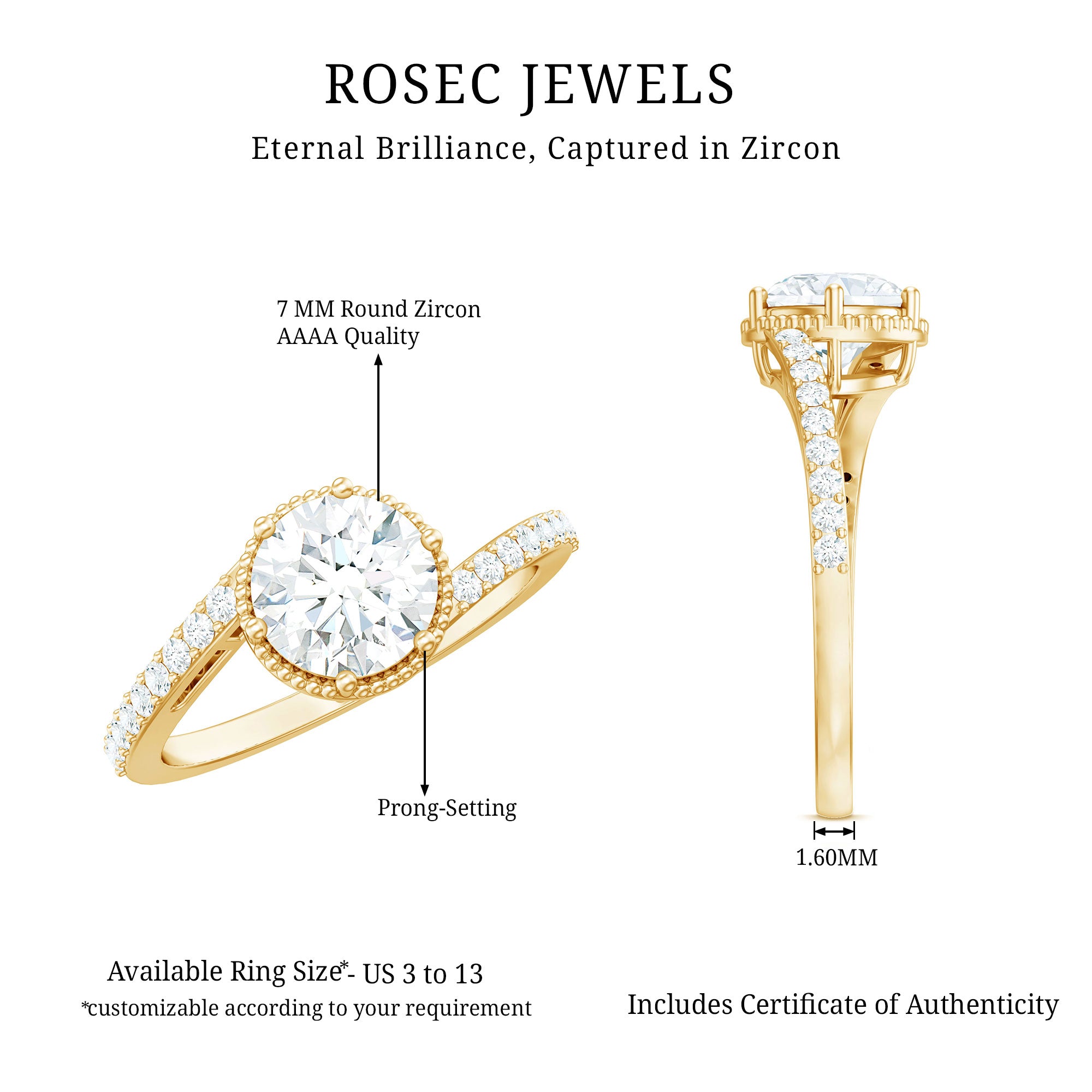 Rosec Jewels-Round Cut Solitaire Zircon Bypass Engagement Ring