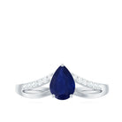 Rosec Jewels-Pear Cut Solitaire Blue Sapphire Split Shank Ring with Diamond