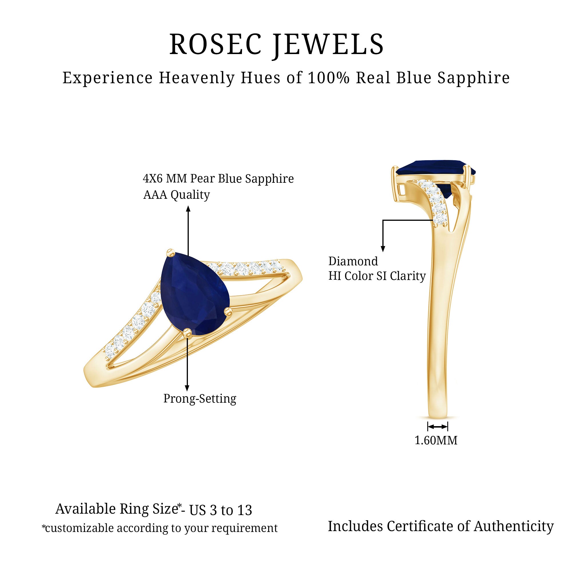 Rosec Jewels-Pear Cut Solitaire Blue Sapphire Split Shank Ring with Diamond