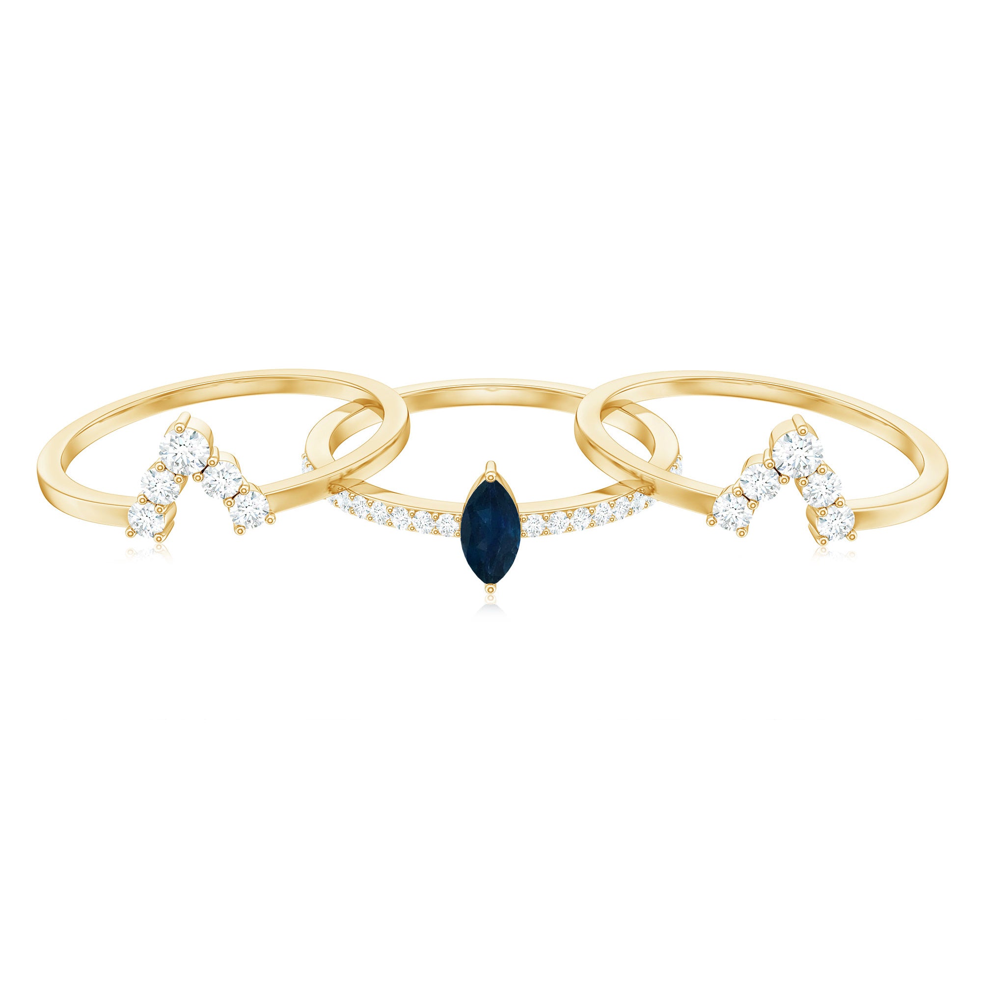 Rosec Jewels-Natural Marquise Cut Blue Sapphire and Diamond Three Piece Stackable Ring Set