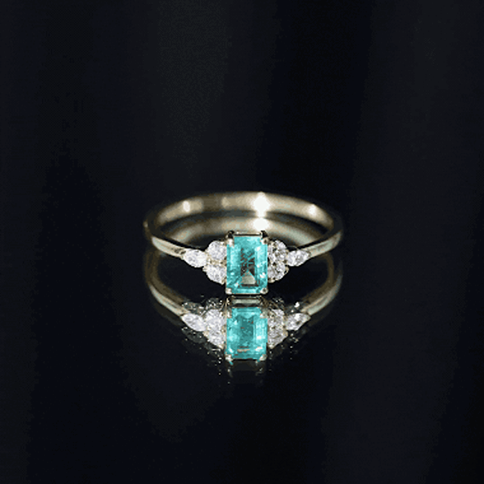 Rosec Jewels-Emerald Cut Emerald Engagement Ring with Diamond Trio
