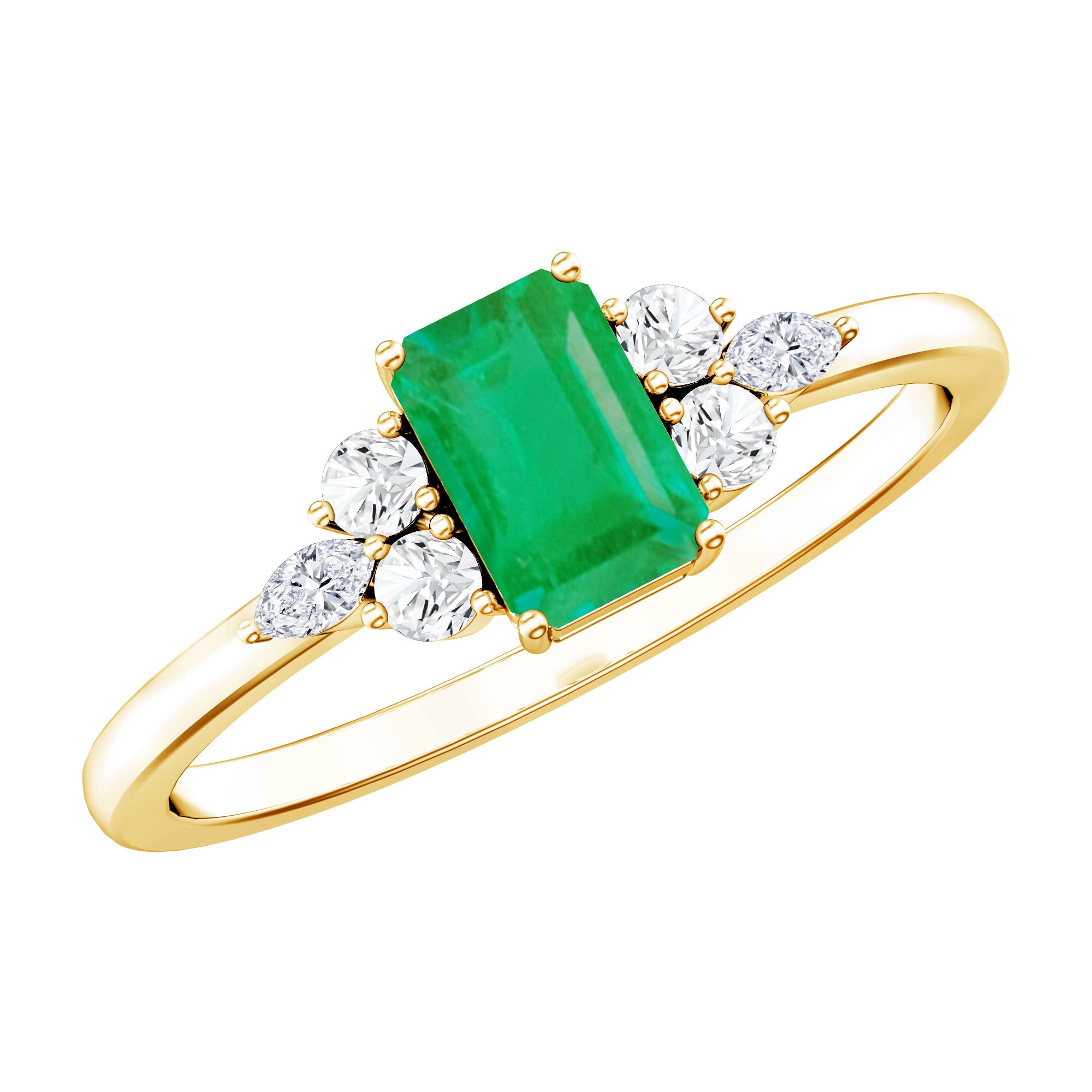 Rosec Jewels-Emerald Cut Emerald Engagement Ring with Diamond Trio