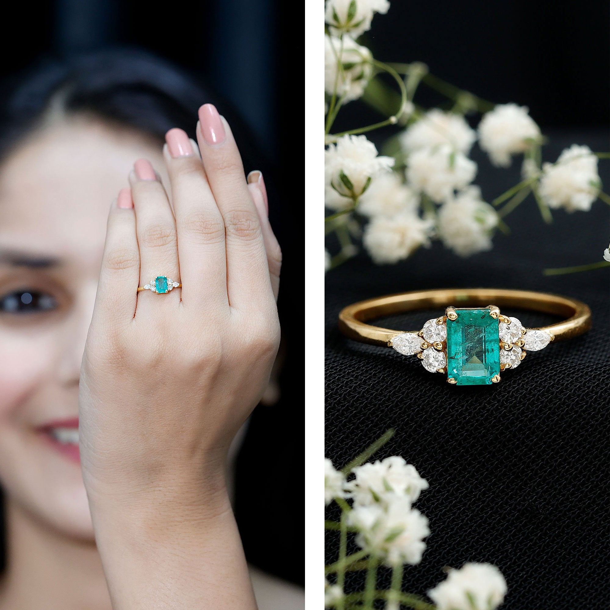 Rosec Jewels-Emerald Cut Emerald Engagement Ring with Diamond Trio