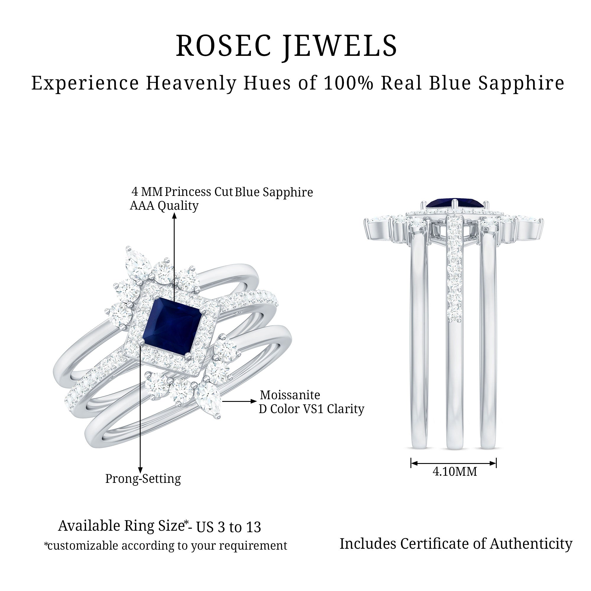 Rosec Jewels-1.5 CT Princess Cut Blue Sapphire Bridal Ring Set with Moissanite Halo