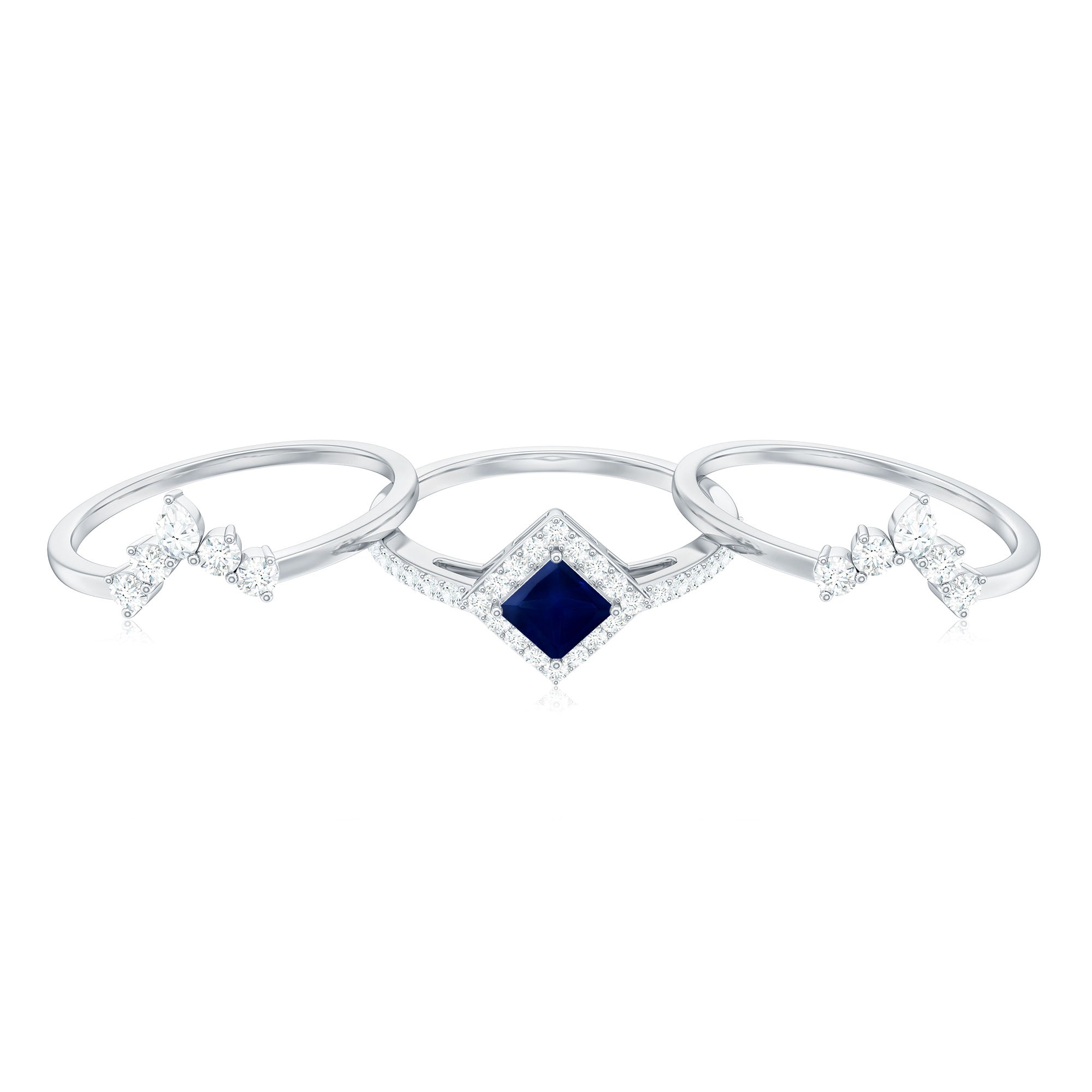 Rosec Jewels-1.5 CT Princess Cut Blue Sapphire Bridal Ring Set with Moissanite Halo
