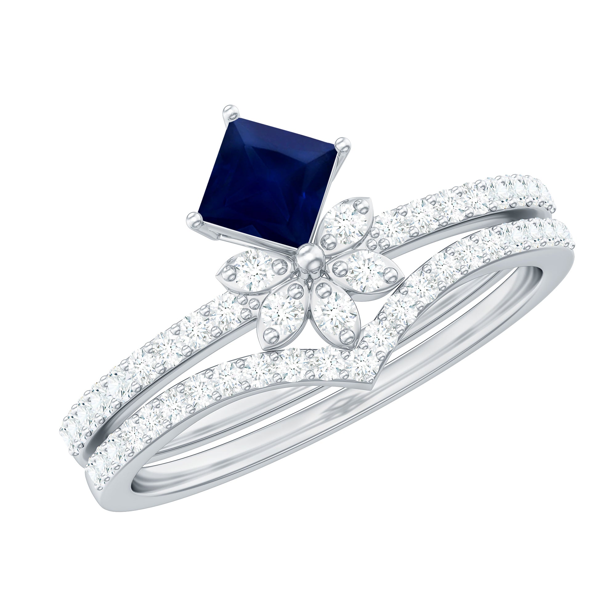 Rosec Jewels-Designer Princess Cut Blue Sapphire and Diamond Flower Wedding Ring Set