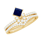 Rosec Jewels-Designer Princess Cut Blue Sapphire and Diamond Flower Wedding Ring Set
