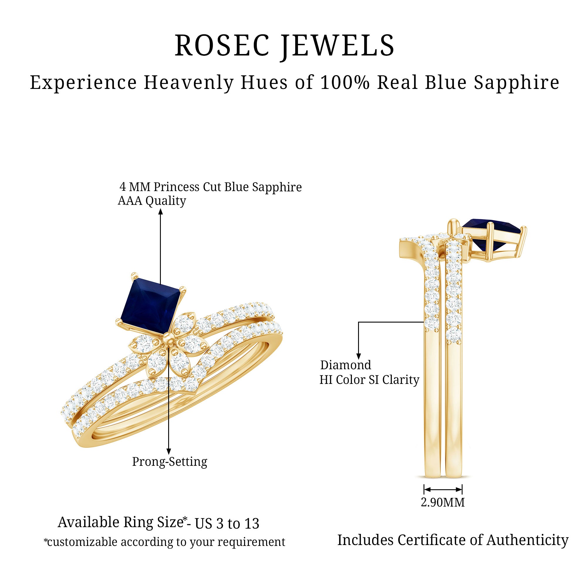 Rosec Jewels-Designer Princess Cut Blue Sapphire and Diamond Flower Wedding Ring Set