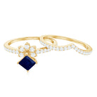 Rosec Jewels-Designer Princess Cut Blue Sapphire and Diamond Flower Wedding Ring Set