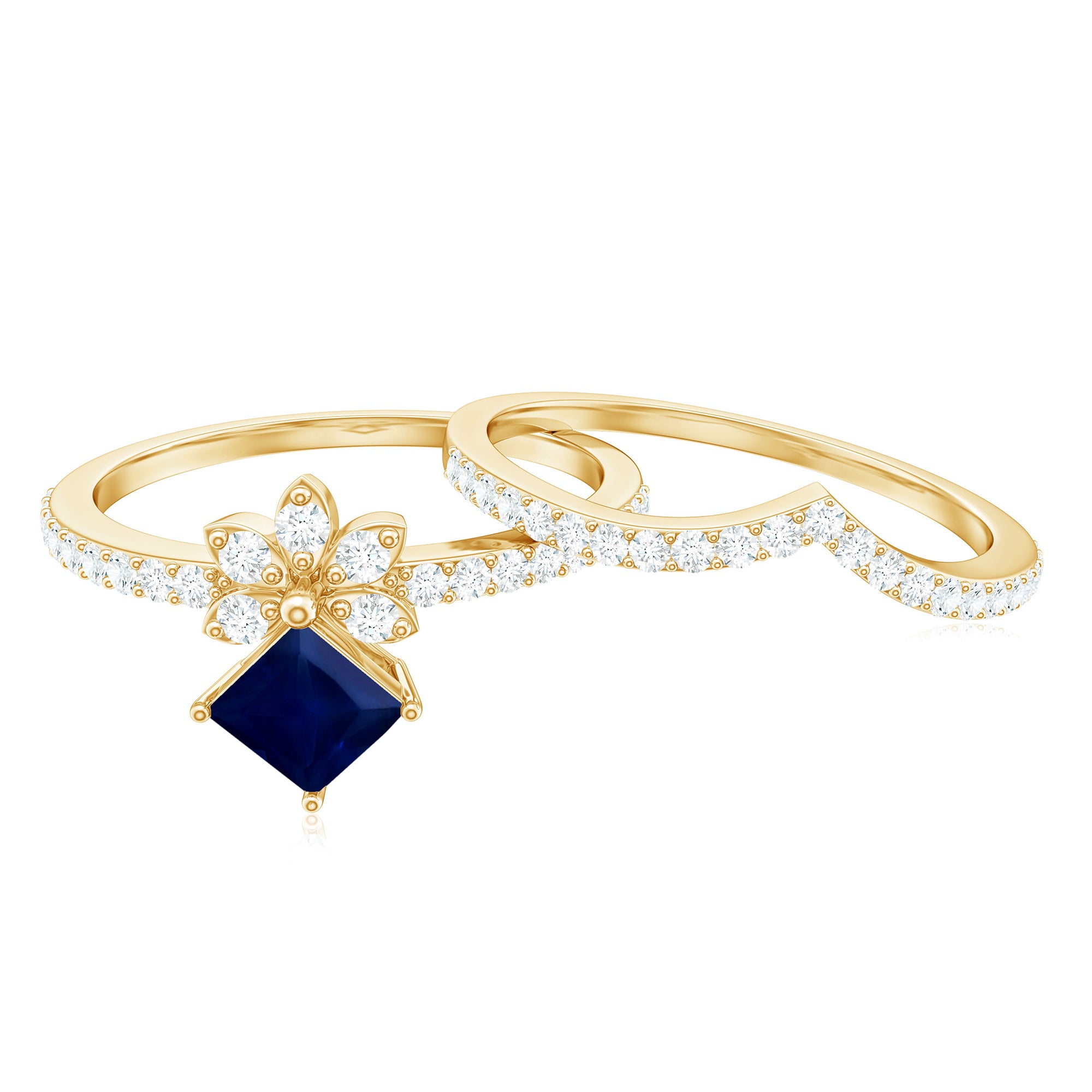 Rosec Jewels-Designer Princess Cut Blue Sapphire and Diamond Flower Wedding Ring Set
