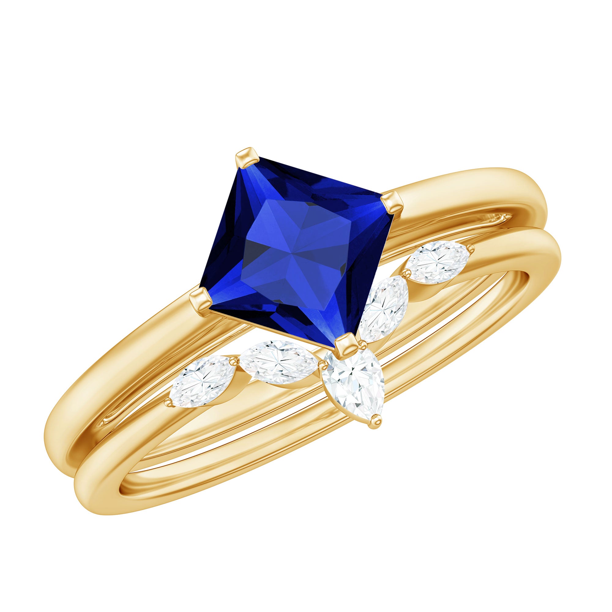 Certified Lab Grown Blue Sapphire Princess Cut Engagement Ring Set with Diamond AAAA - Rosec Jewels