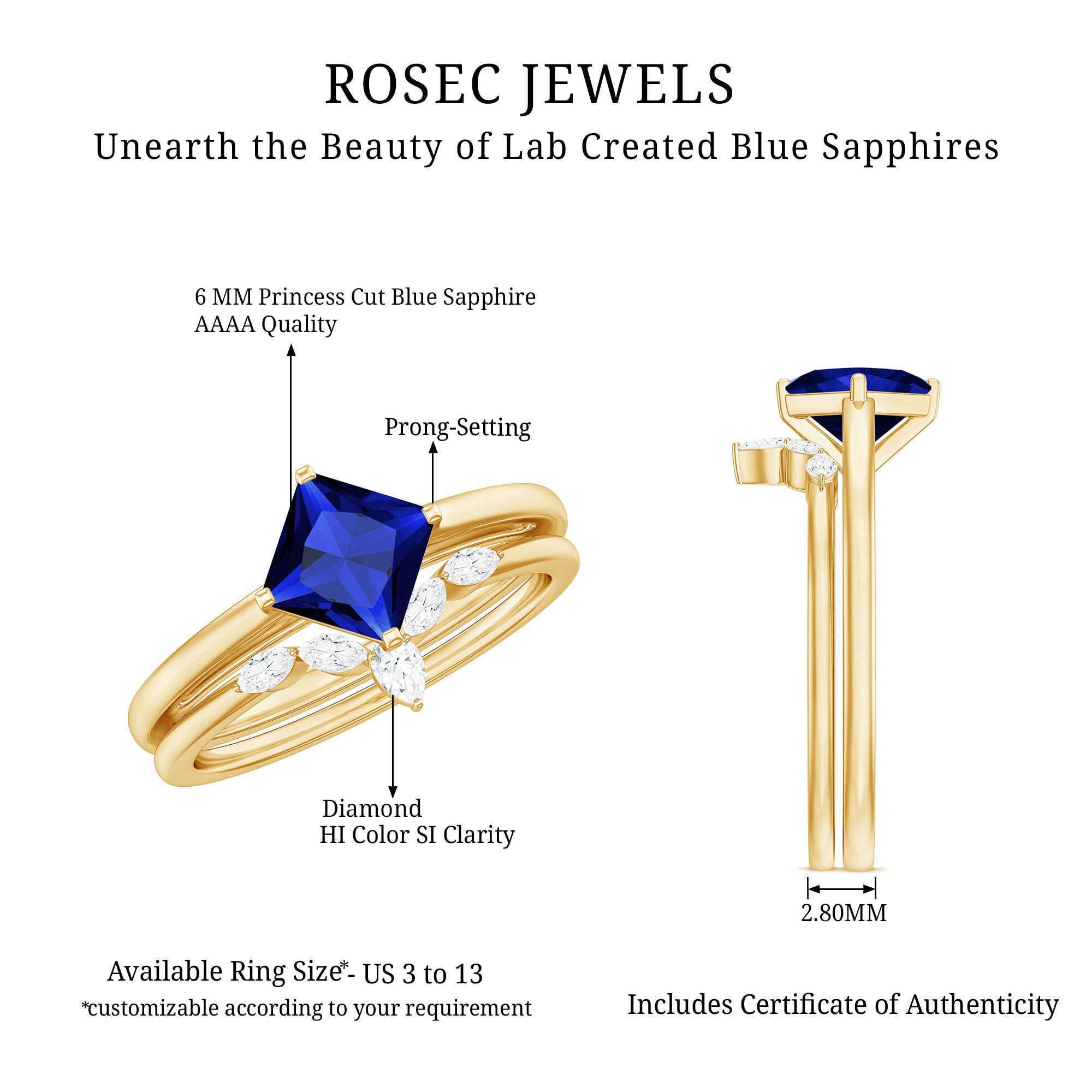 Certified Lab Grown Blue Sapphire Princess Cut Engagement Ring Set with Diamond AAAA - Rosec Jewels