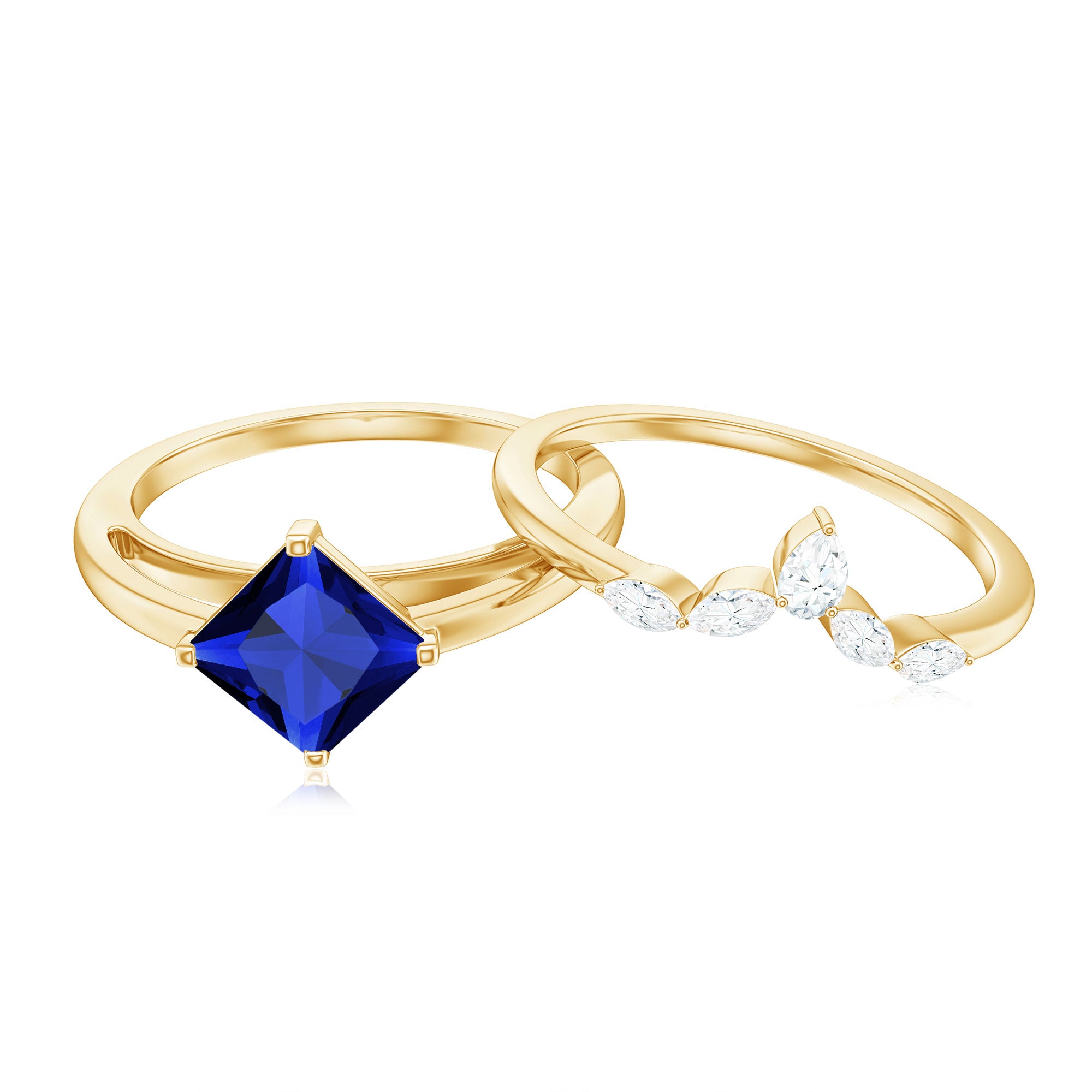 Certified Lab Grown Blue Sapphire Princess Cut Engagement Ring Set with Diamond AAAA - Rosec Jewels