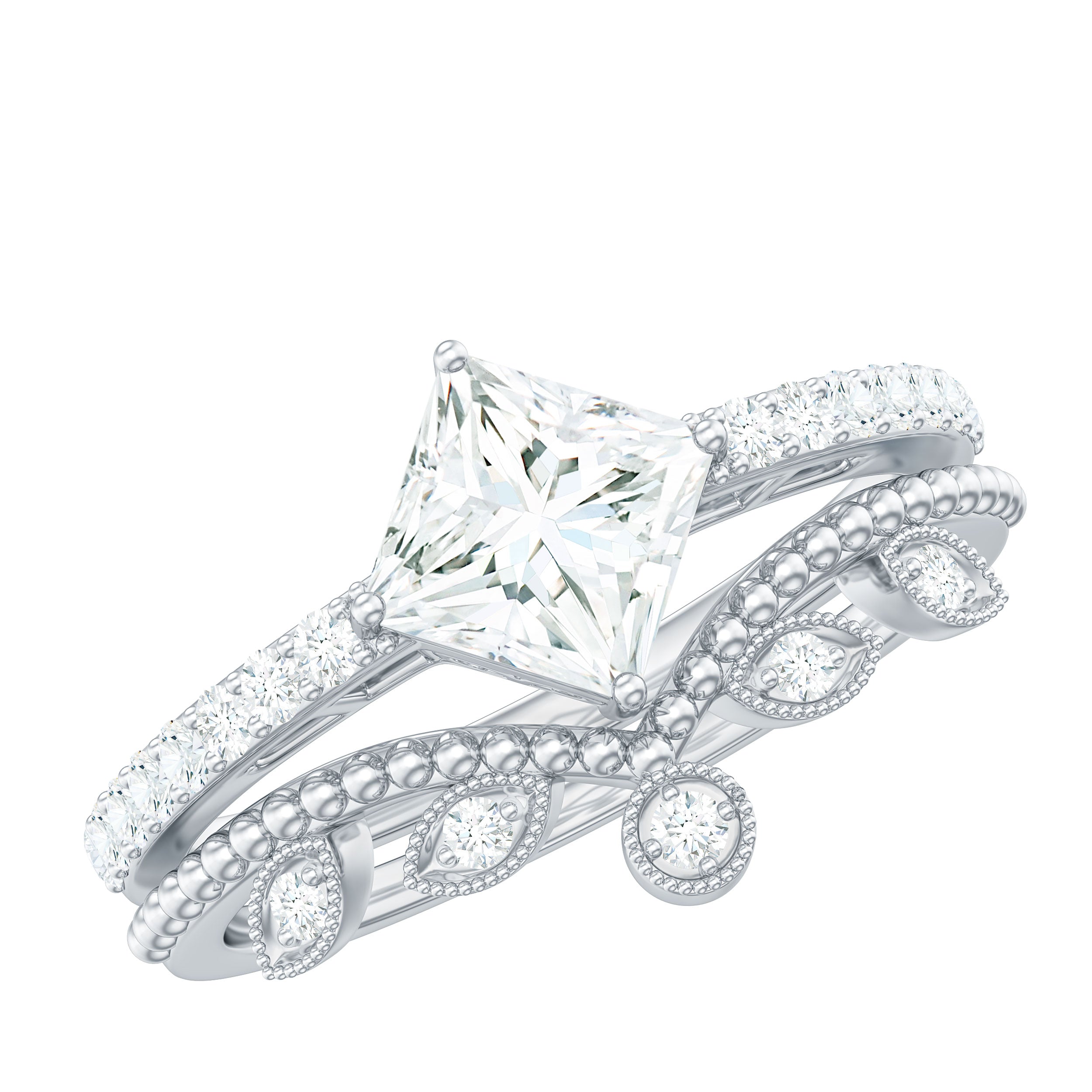 Brilliant Cut Moissanite Vintage Bridal Ring Set D-VS1 - Rosec Jewels