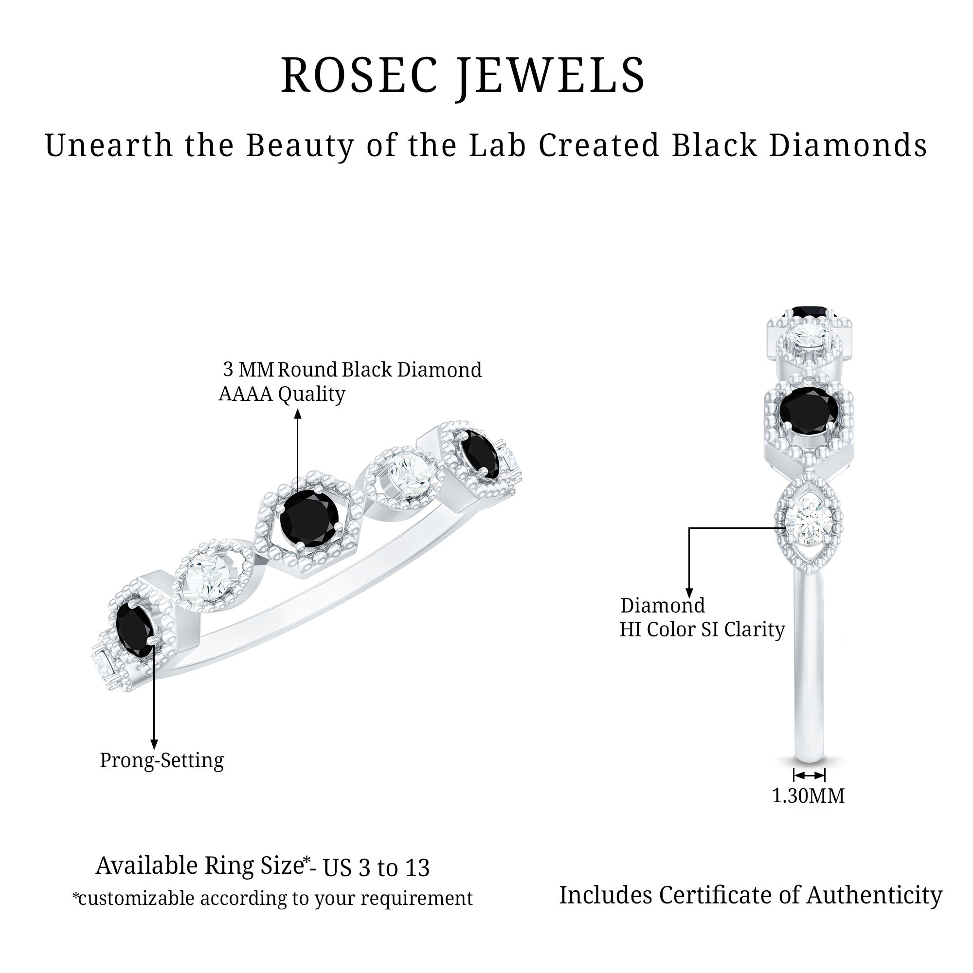 Certified Lab Grown Black and White Diamond Half Eternity Ring AAAA ( Synthetic ) - Rosec Jewels