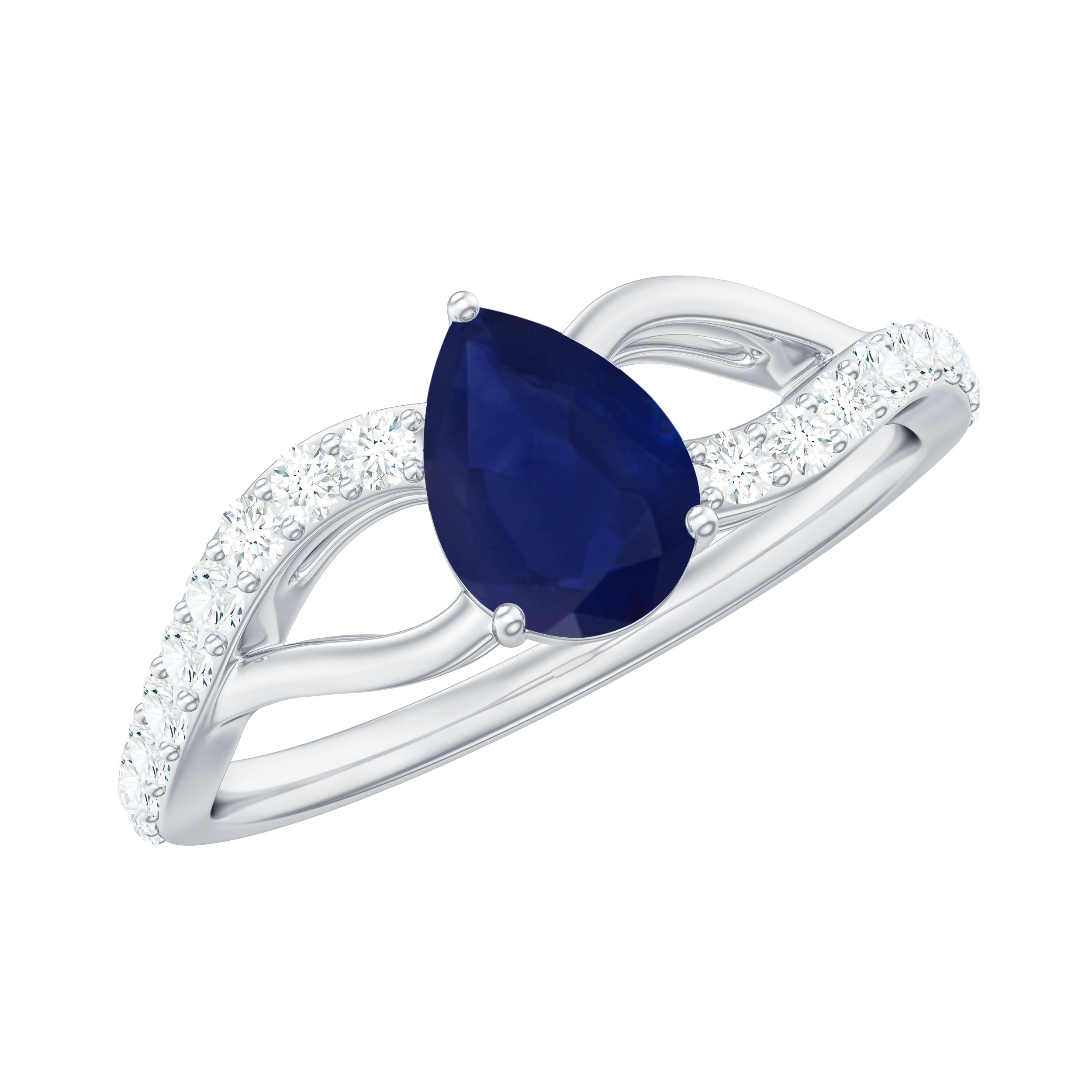 Pear Cut Blue Sapphire Solitaire Split Shank Ring with Diamond