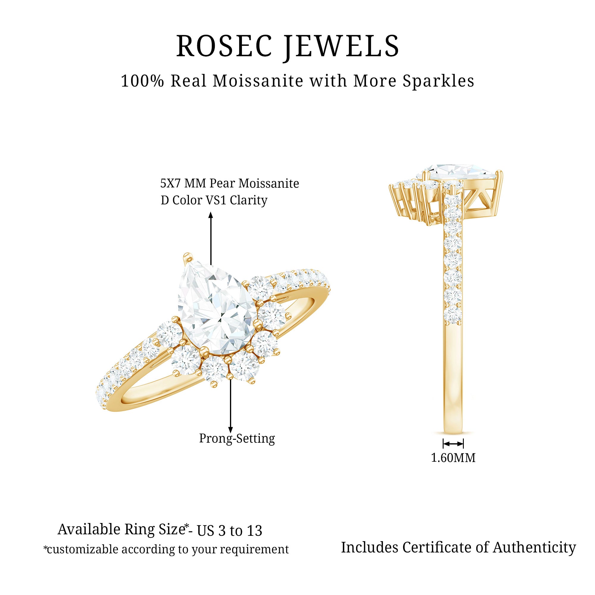 Rosec Jewels-Moissanite Teardrop Engagement Ring with Half Halo