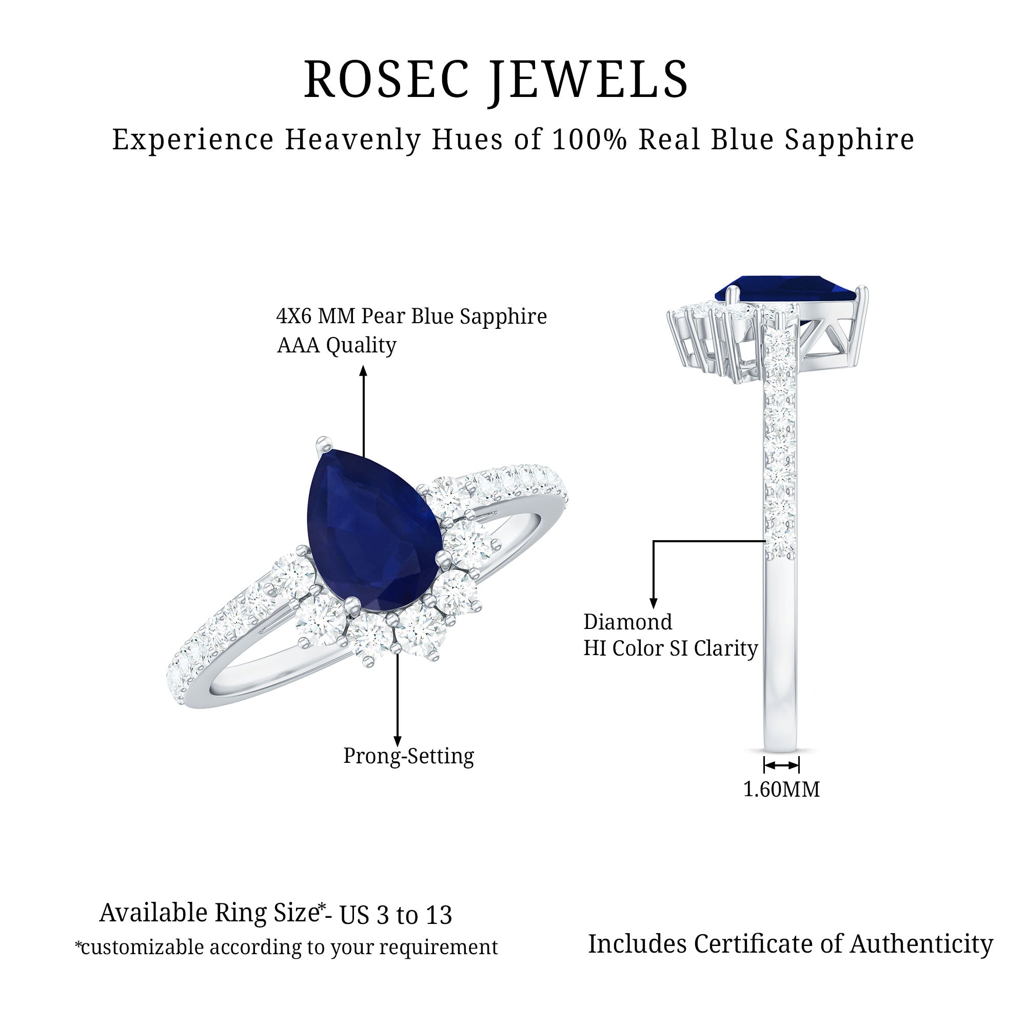 0.5 Carat Pear Shaped Blue Sapphire and Diamond Half Halo Engagement Ring AAA - Rosec Jewels