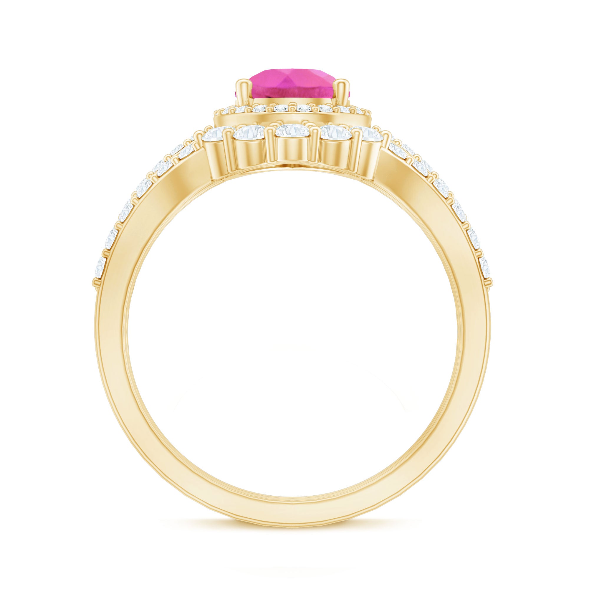 Rosec Jewels-Pear Created Pink Sapphire Teardrop Ring Set with Moissanite Band