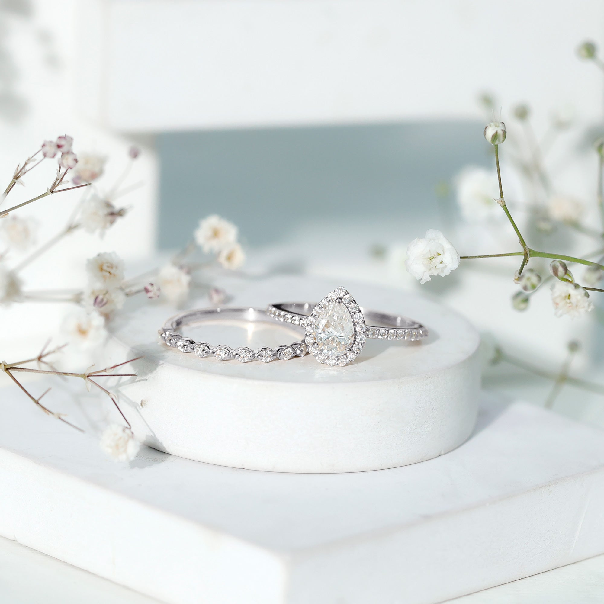 Rosec Jewels-1.75 CT Moissanite Teardrop Wedding Ring Set with Halo