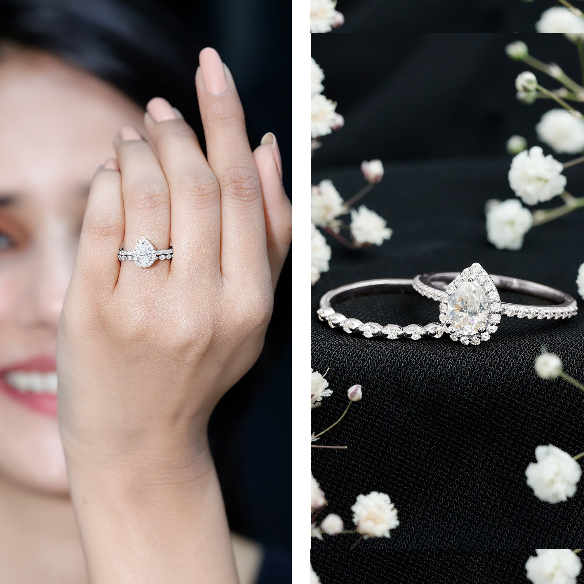Rosec Jewels-1.75 CT Moissanite Teardrop Wedding Ring Set with Halo