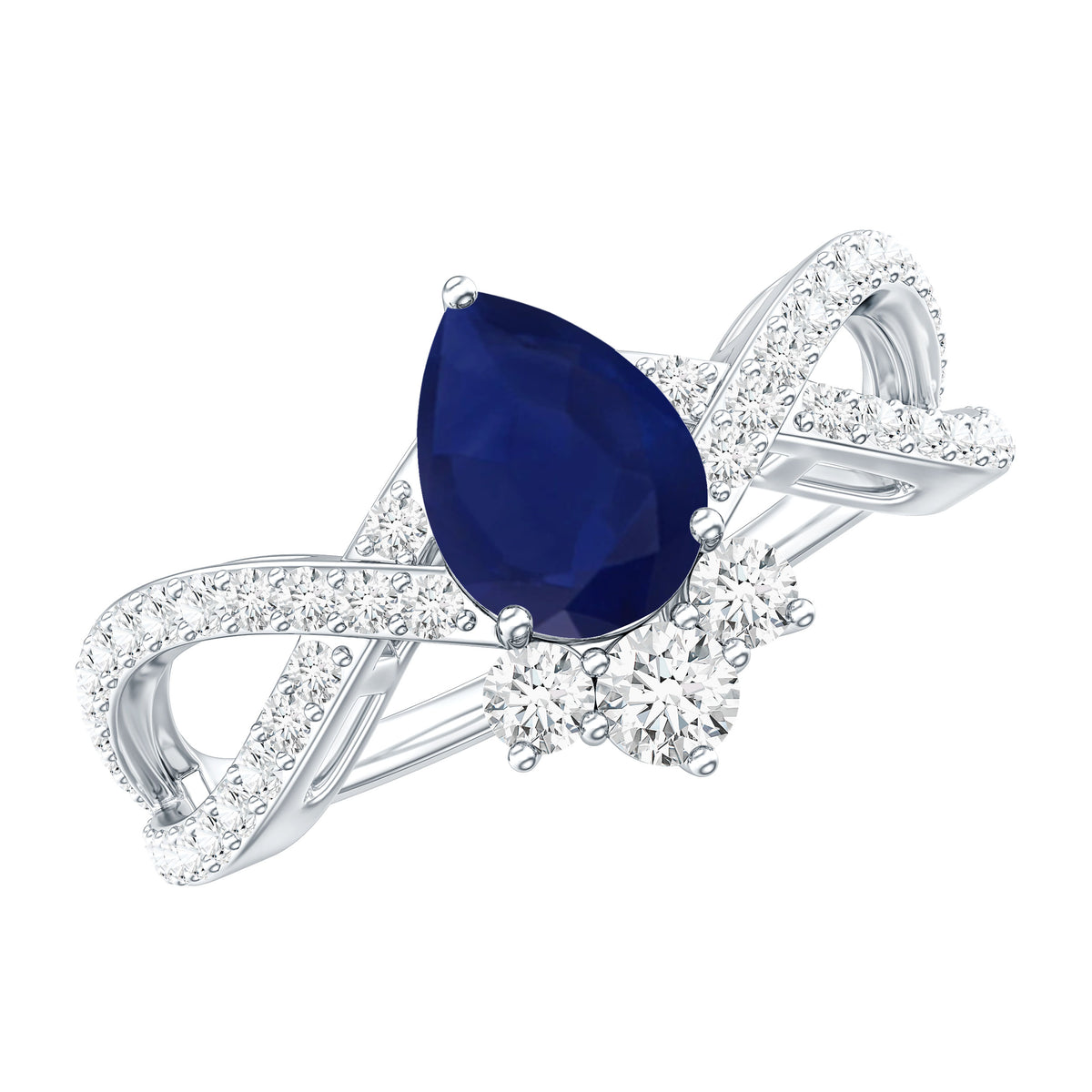 Real 0.5 Blue Sapphire Pear Shape Engagement Ring with Diamond Crossover AAA - Rosec Jewels