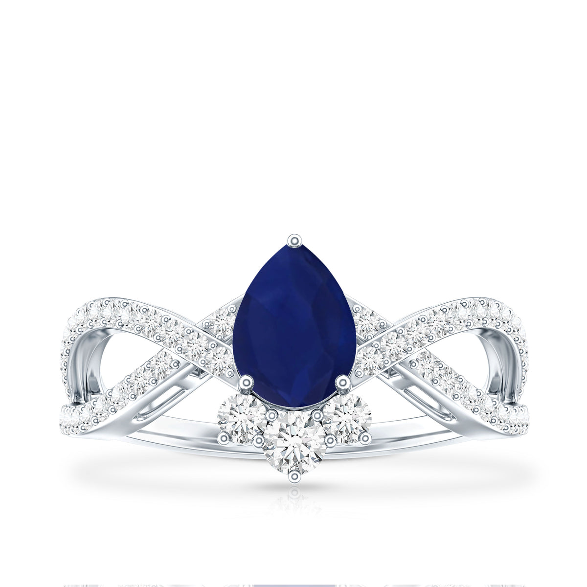 Real 0.5 Blue Sapphire Pear Shape Engagement Ring with Diamond Crossover AAA - Rosec Jewels