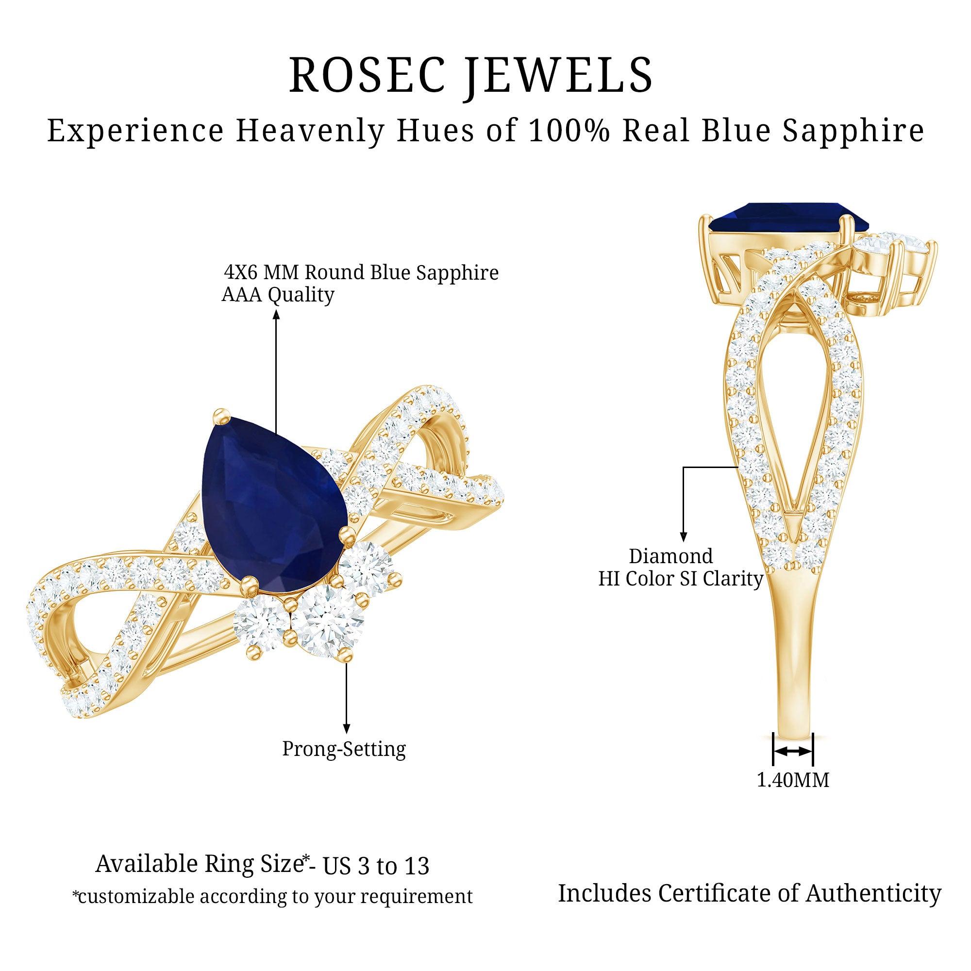 Real 0.5 Blue Sapphire Pear Shape Engagement Ring with Diamond Crossover AAA - Rosec Jewels