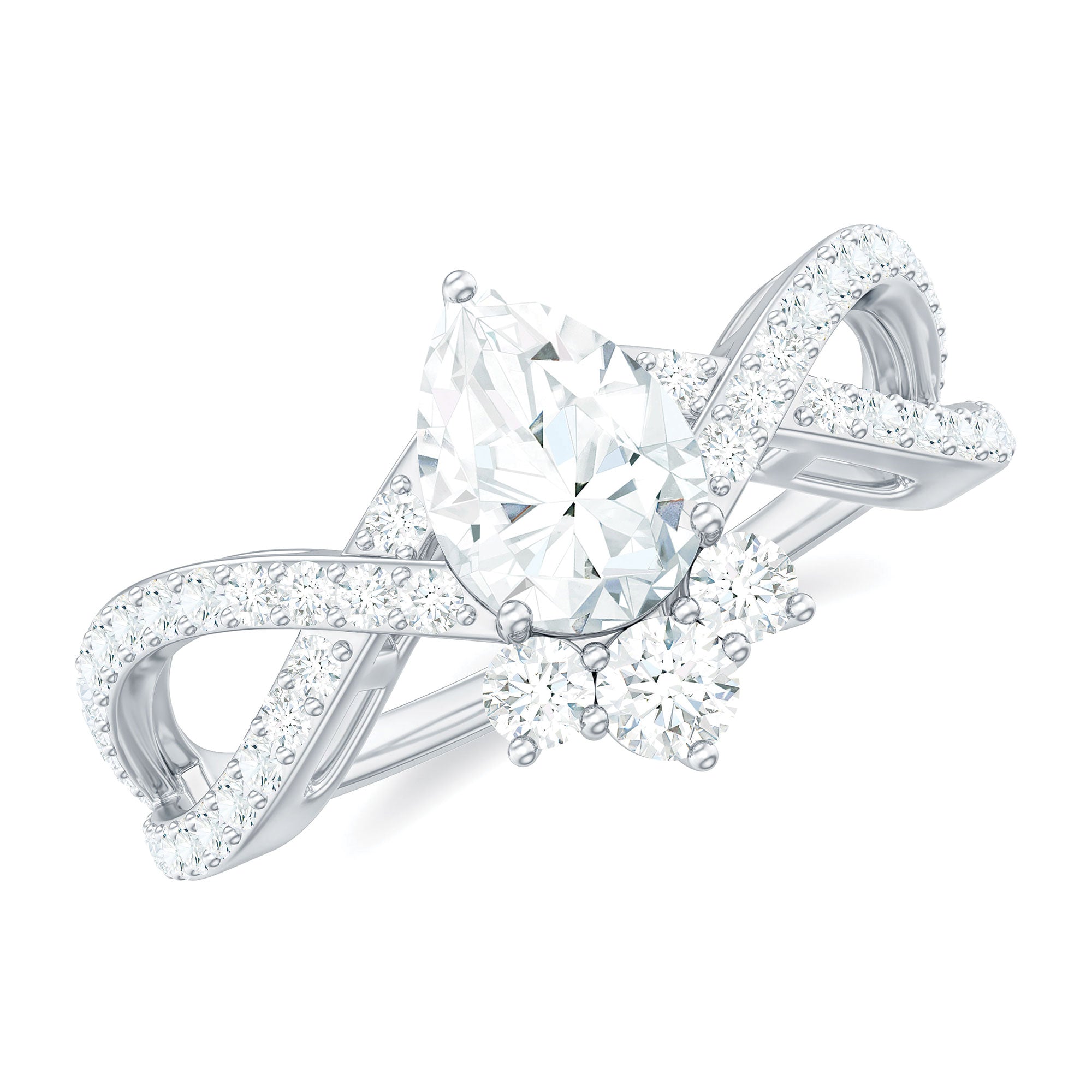 Rosec Jewels-Designer Pear Shaped Moissanite Crossover Engagement Ring