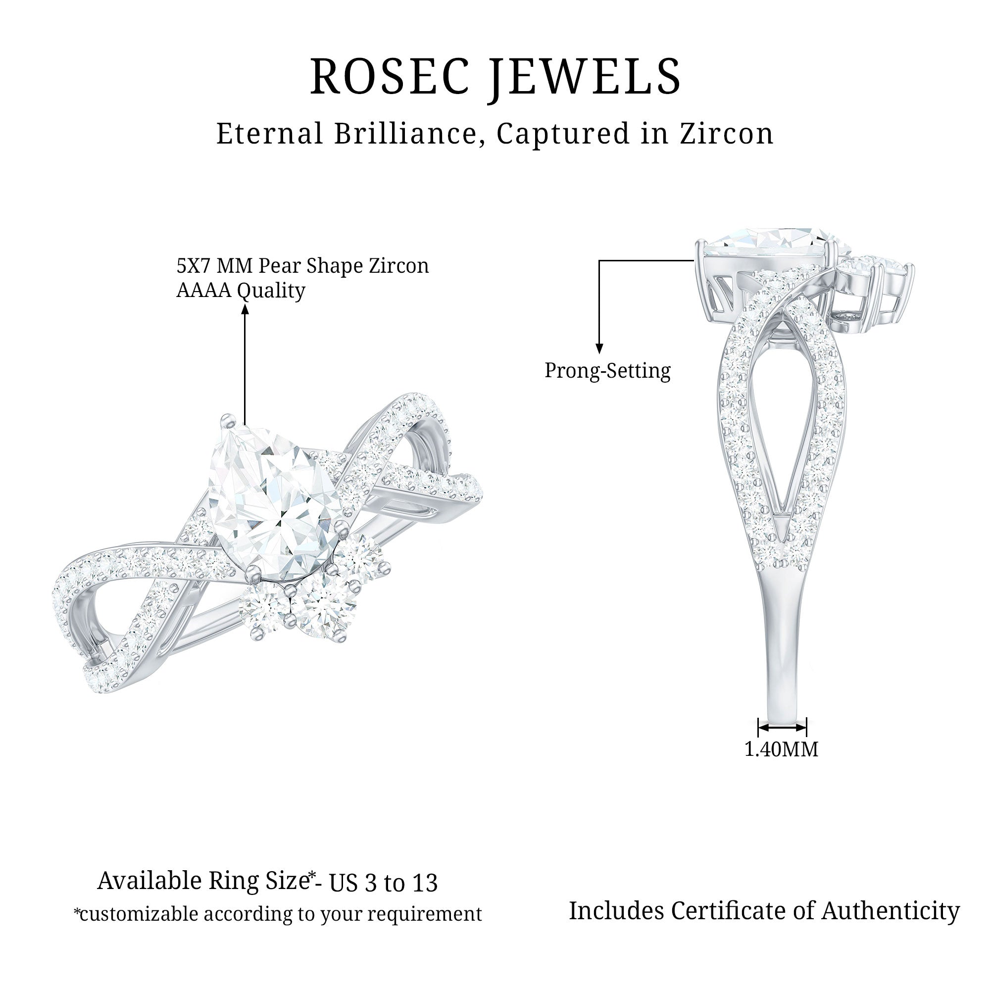 2 CT Pear Cut Cubic Zirconia Crossover Engagement Ring AAAA - Rosec Jewels