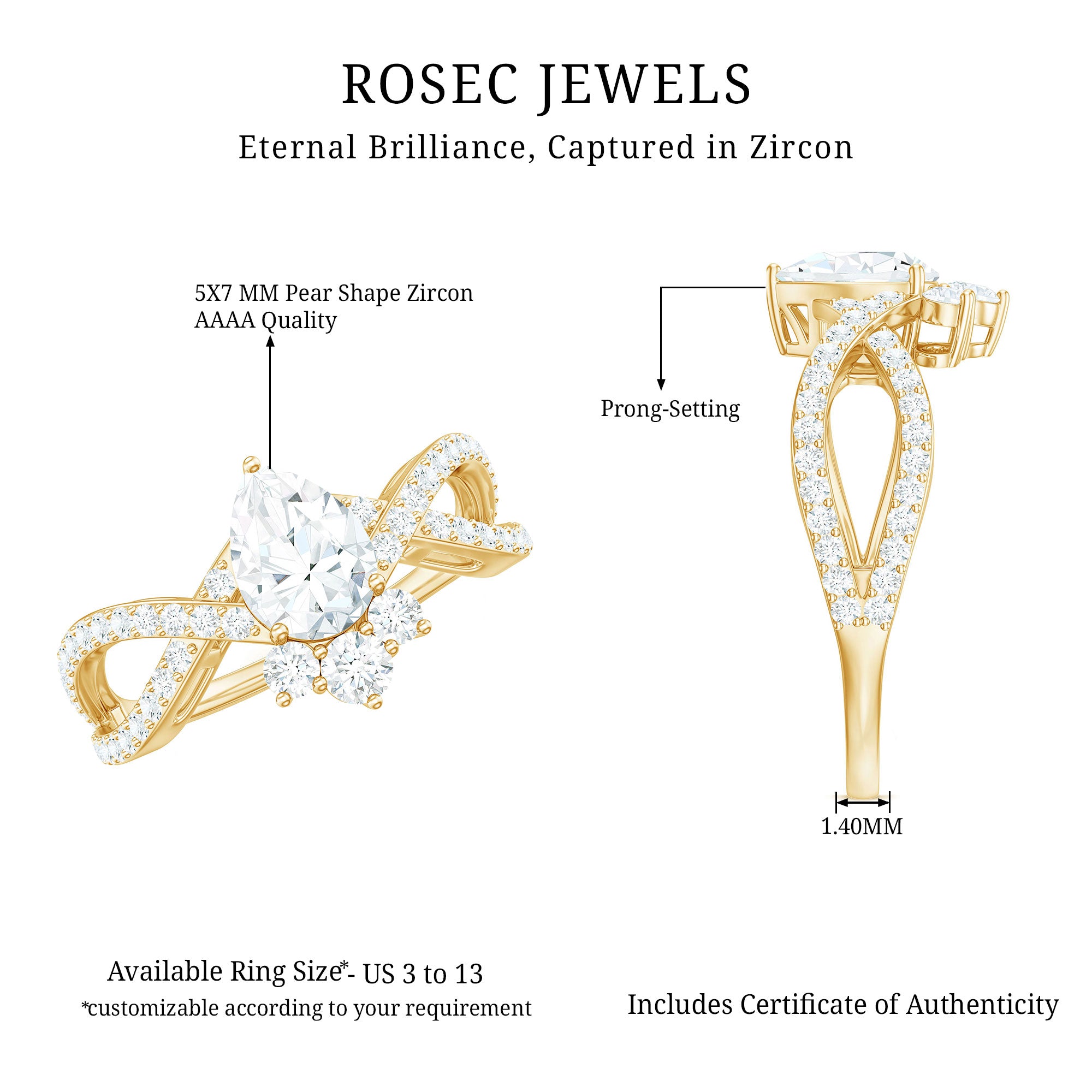 2 CT Pear Cut Cubic Zirconia Crossover Engagement Ring AAAA - Rosec Jewels
