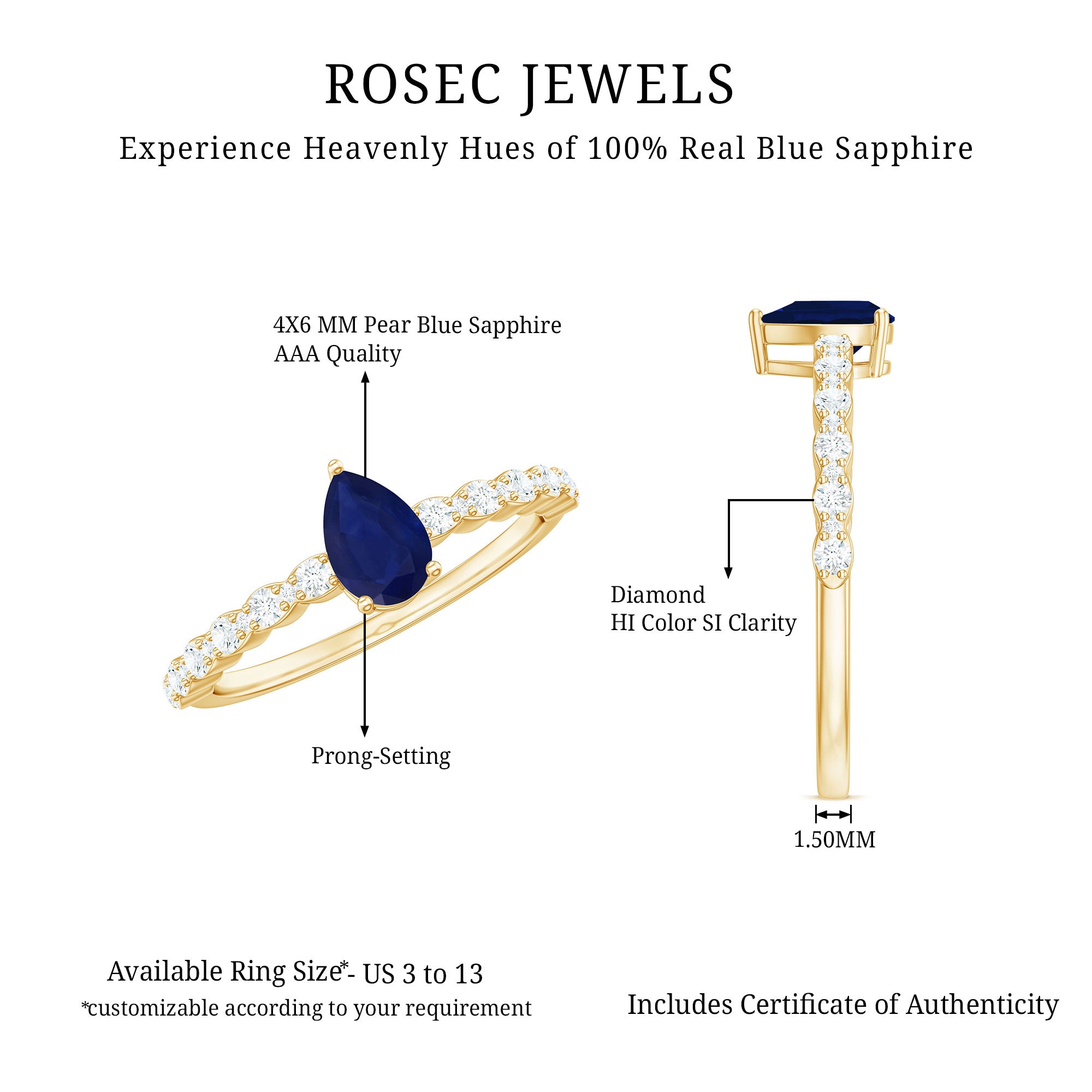 Rosec Jewels-1 CT Minimal Blue Sapphire Solitaire Promise Ring with Diamond
