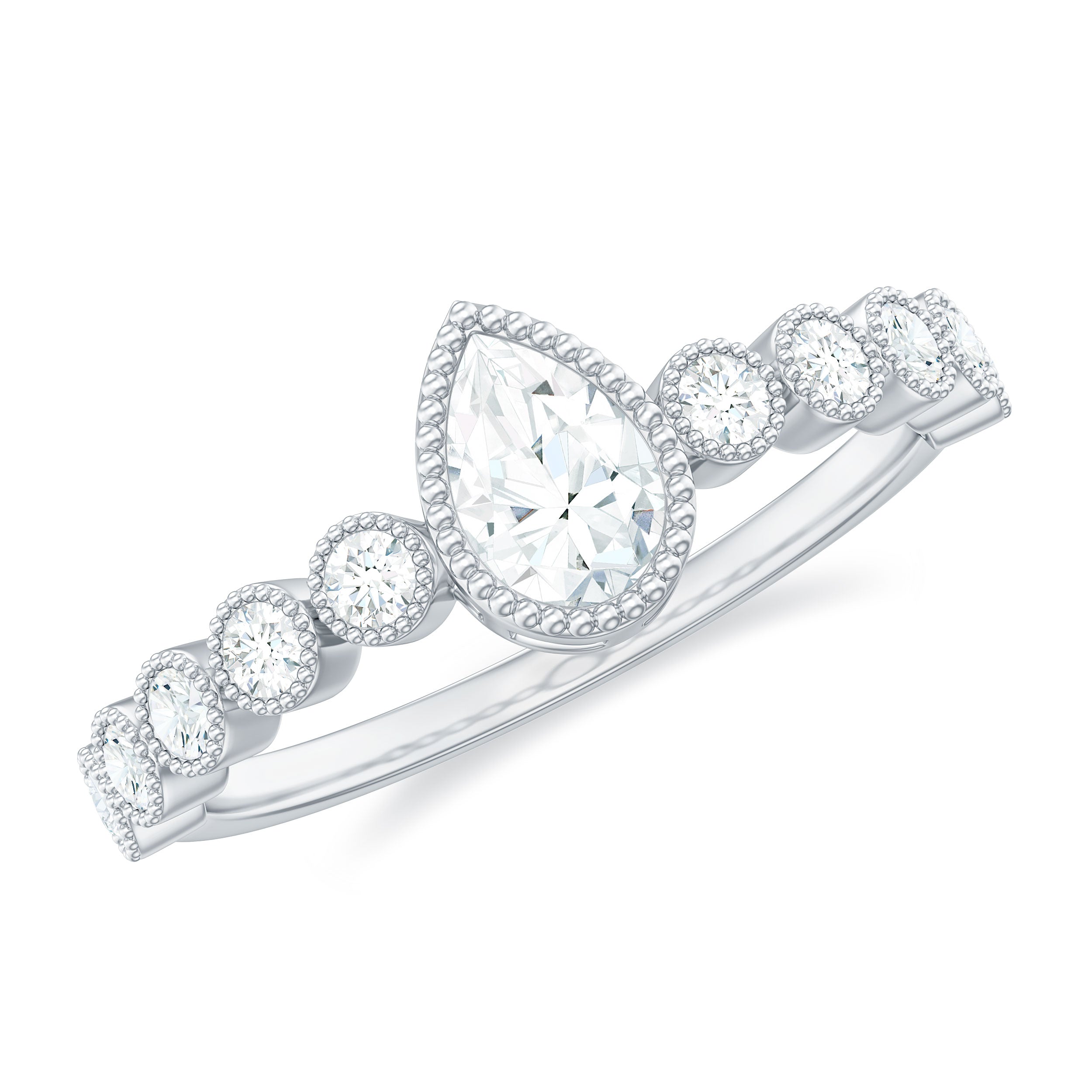 Beaded Bezel Set Moissanite Pear Engagement Ring D-VS1 - Rosec Jewels
