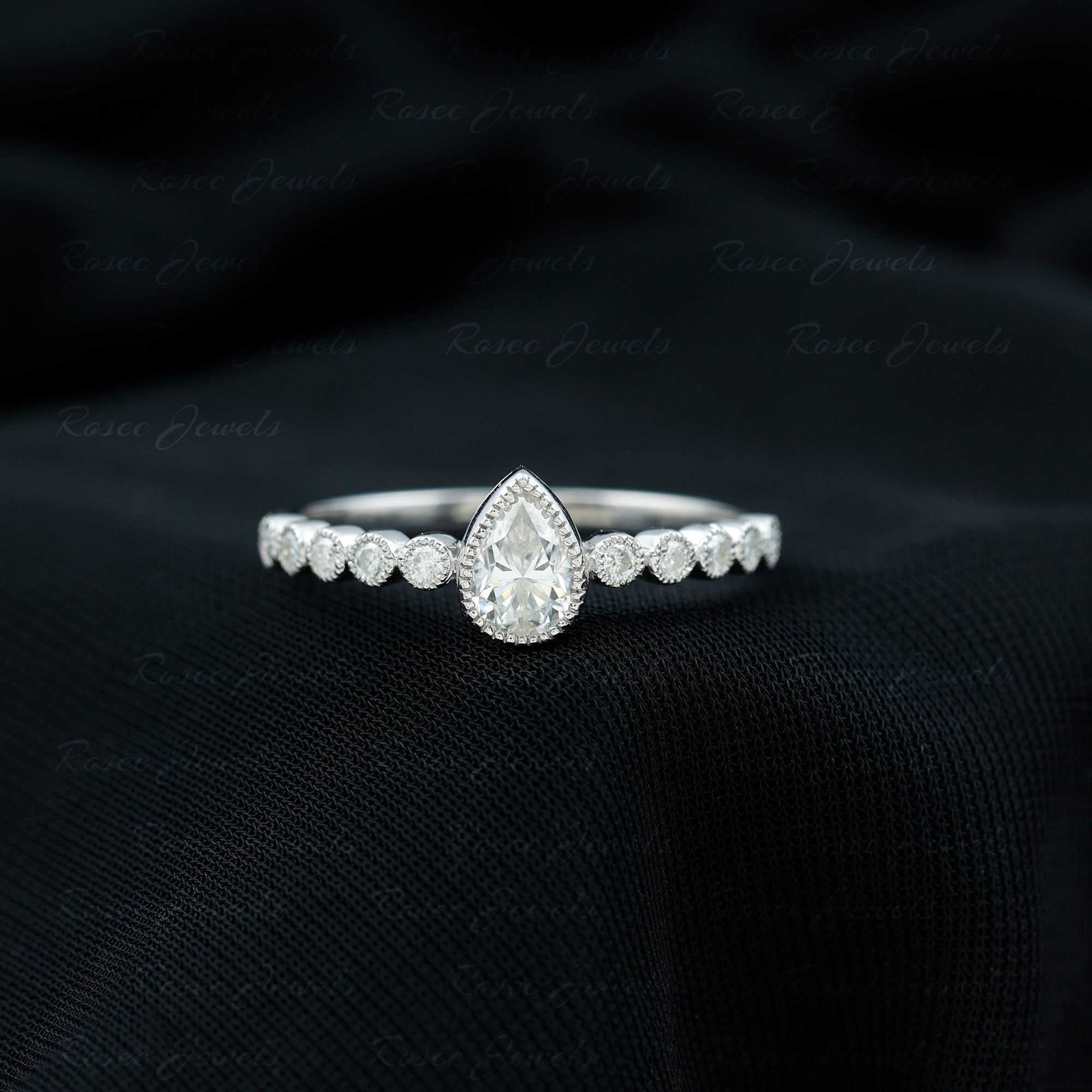 Beaded Bezel Set Moissanite Pear Engagement Ring D-VS1 - Rosec Jewels