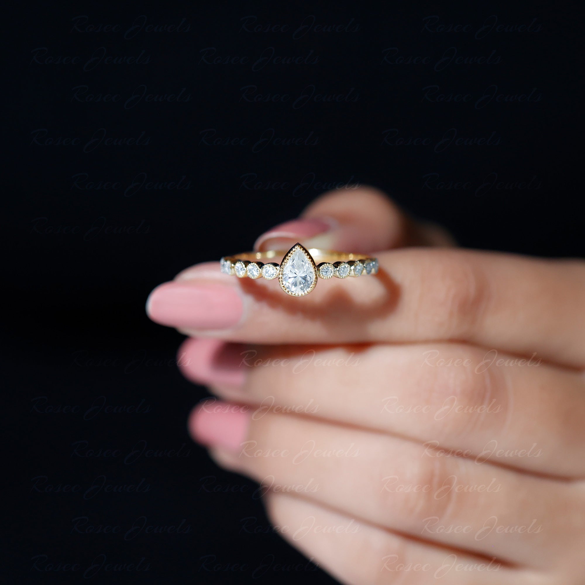 Beaded Bezel Set Moissanite Pear Engagement Ring D-VS1 - Rosec Jewels