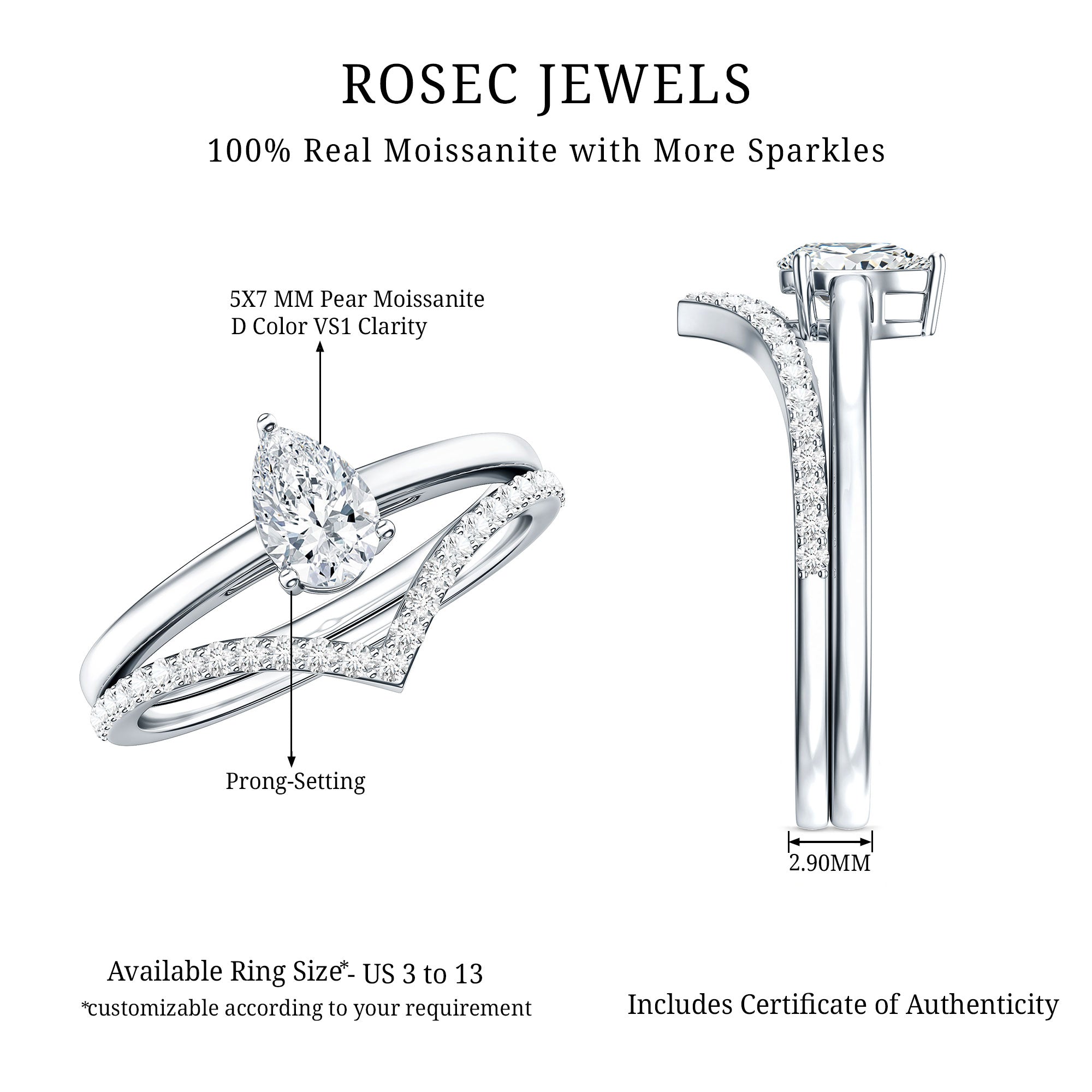 Rosec Jewels-Pear Cut Solitaire Moissanite Engagement Ring with Enhancer