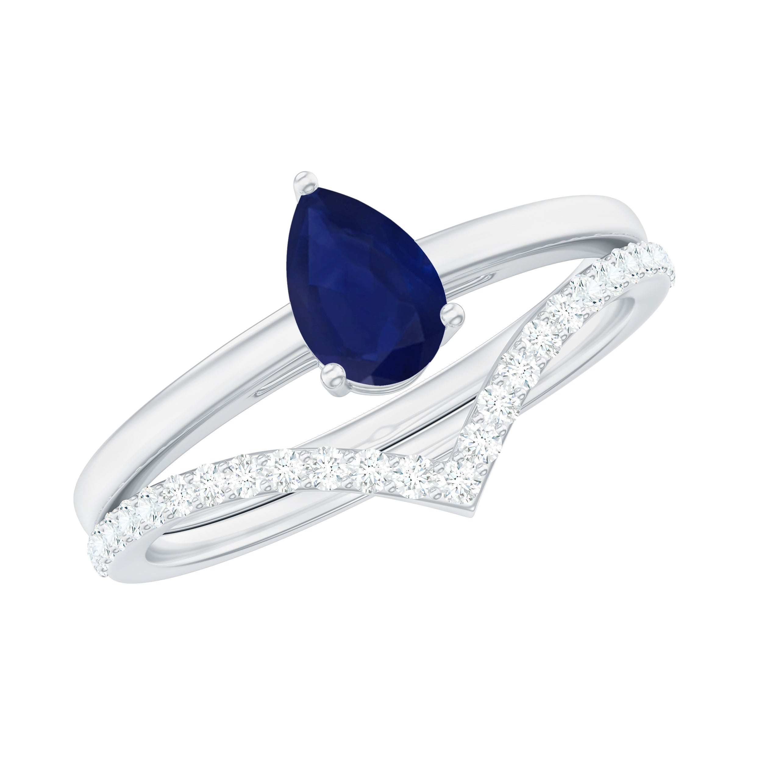 Rosec Jewels-1 CT Pear Cut Blue Sapphire Solitaire Ring Set with Diamond Enhancer Band